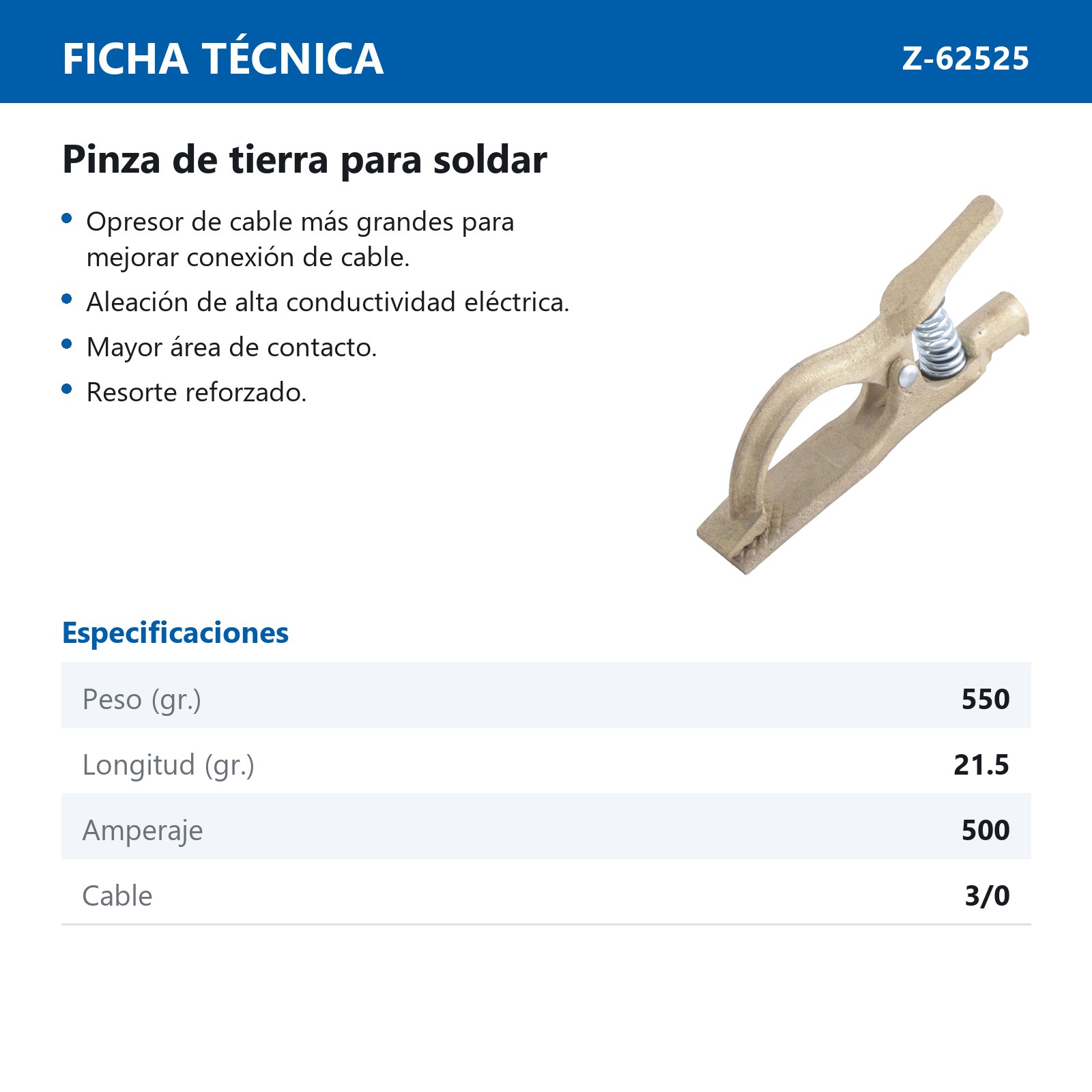 PINZA DE TIERRA TIPO LENCO HEAVY DUTY 500A - Imagen 2