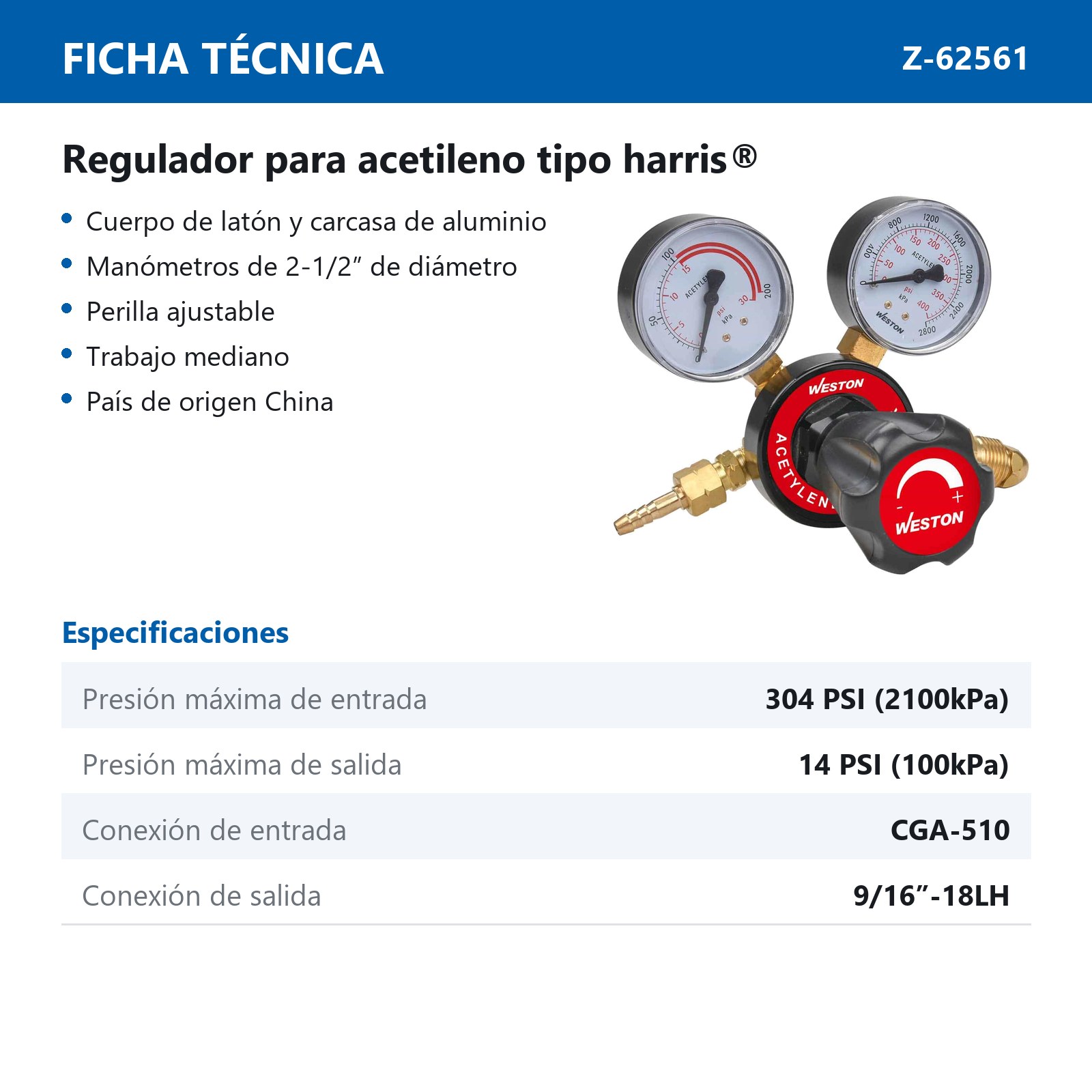 REGULADOR P/ACETILENO TRABAJO MEDIANO - Imagen 2