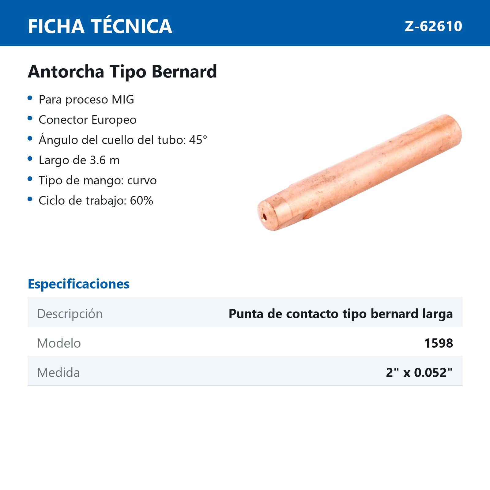 1598 PUNTA D/CONTACTO LARGA T/BERNARD .052"  (Precio x pieza - Empaque c/50 pzas) - Imagen 3
