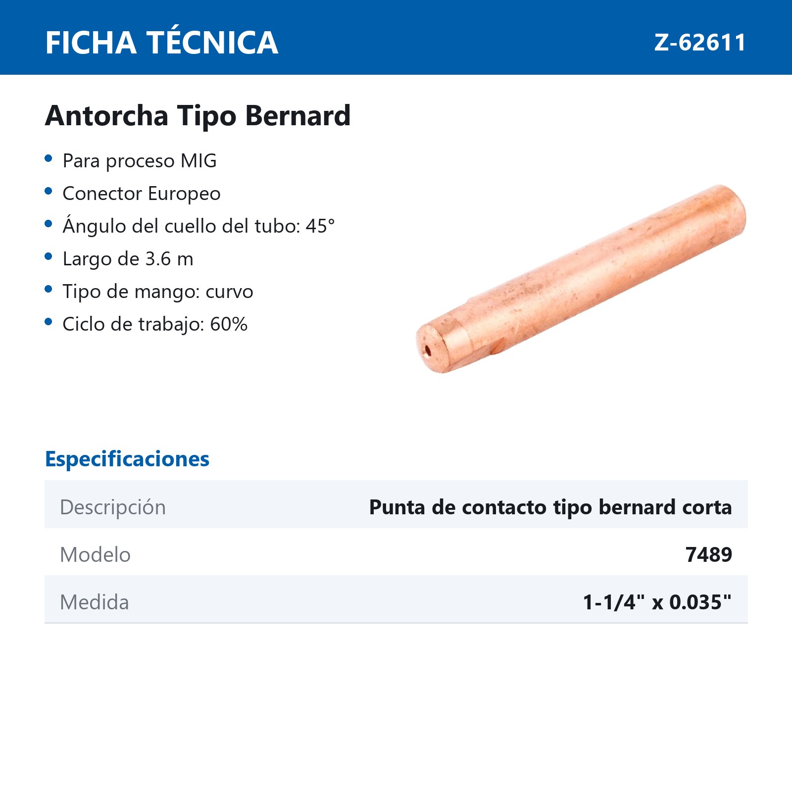 7489 PUNTA D/CONTACTO CORTA T/BERNARD .035" (Precio x pieza - Empaque c/50 pzas) - Imagen 3