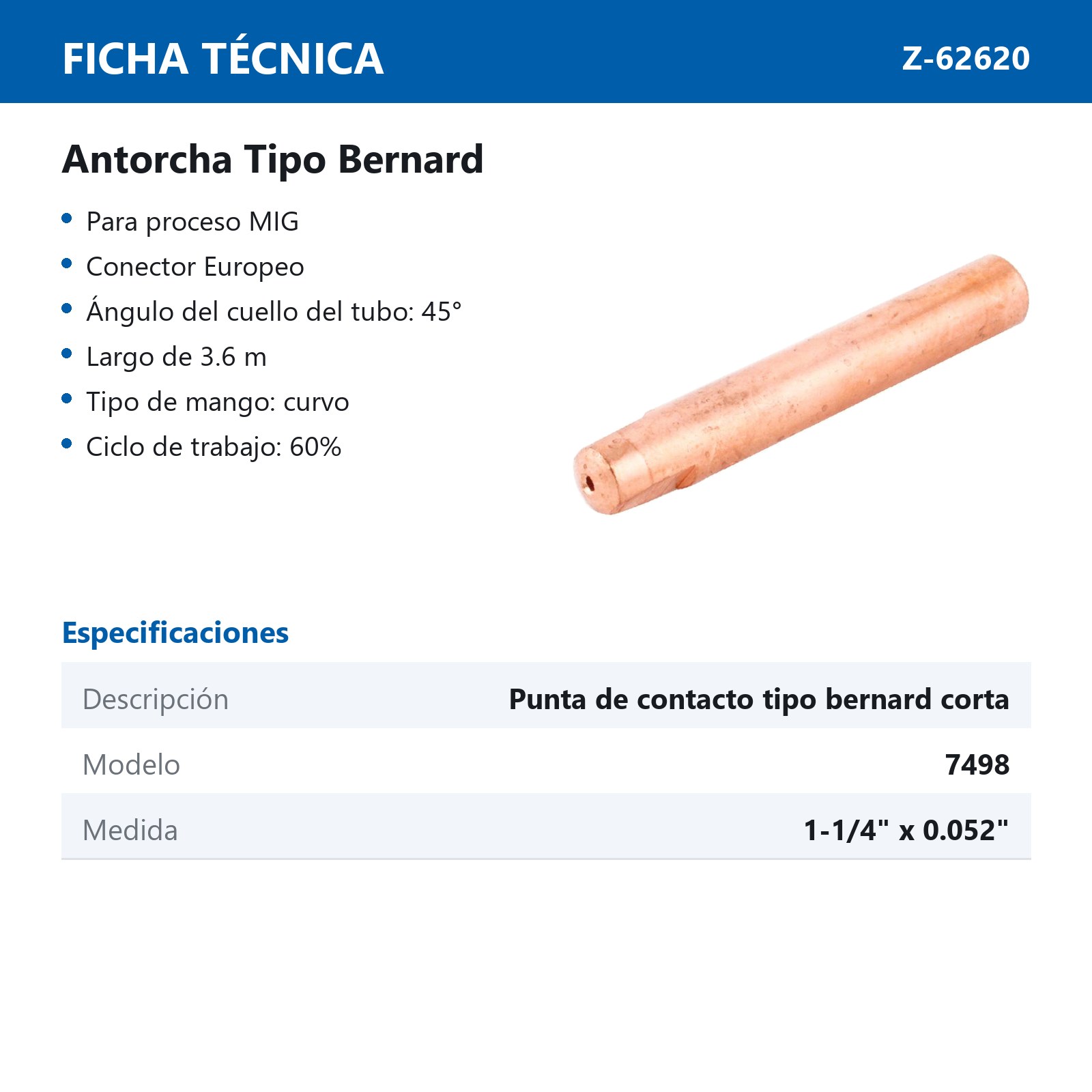 7498 PUNTA D/CONTACTO CORTA T/BERNARD .052" - Imagen 2