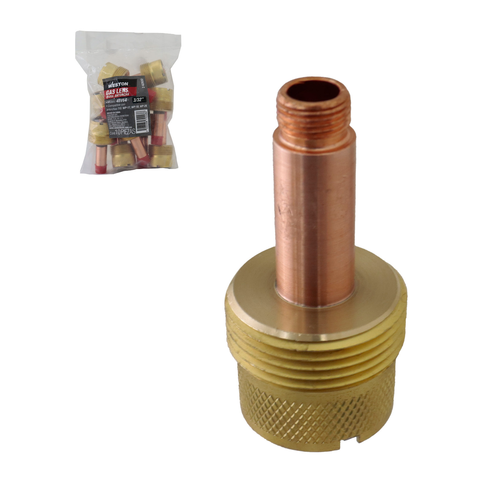 GAS LENS P/ANTORCHA TIG 45V64 3/32" (2.4 mm)(Empaque c/10 pzas - Precio x pieza)