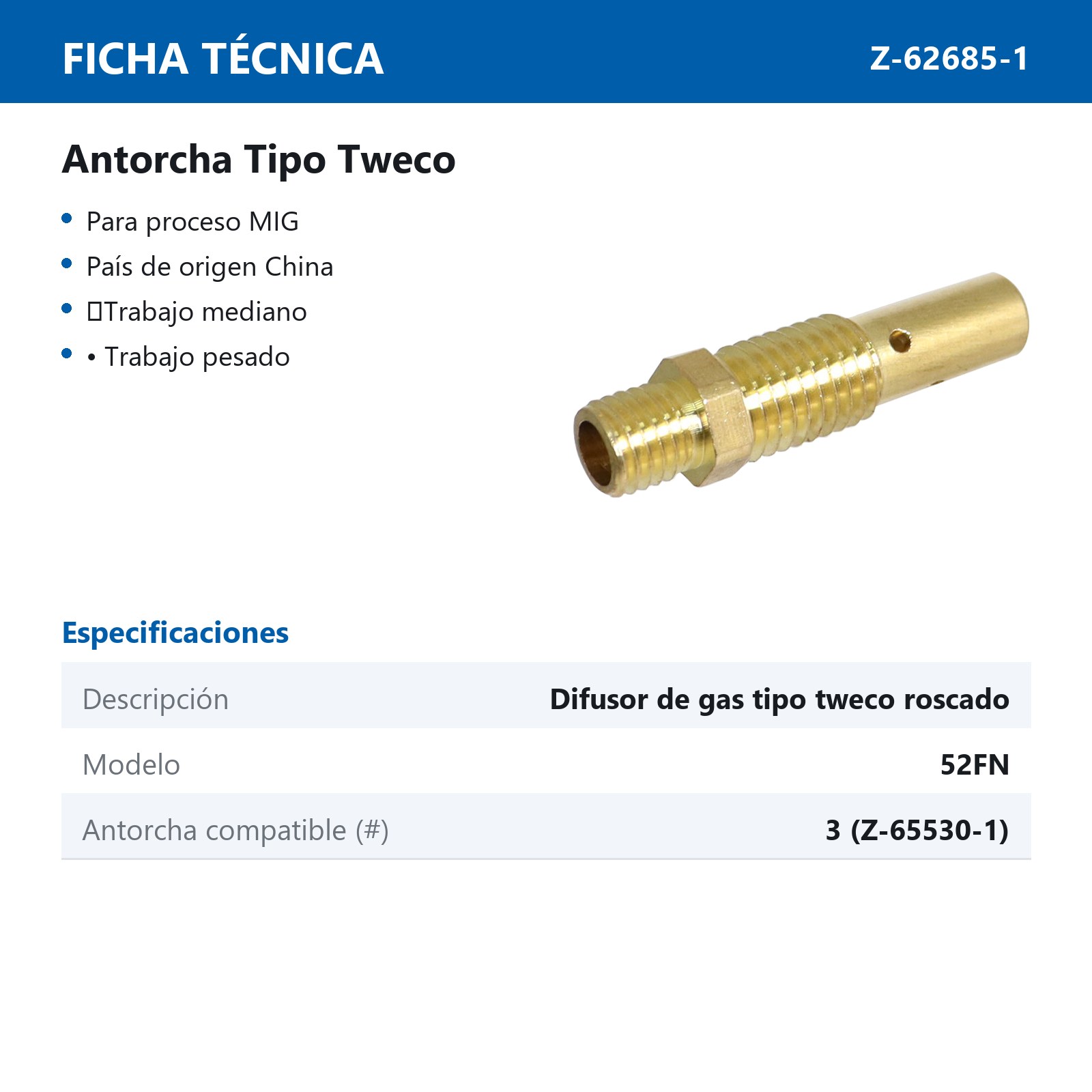 DIFUSOR GAS ROSCADO T/TWECO 52FN P/INVER. ANTORCH GENERICA Z-67130 (Precio x Pza - Emp. c/10 pz) - Imagen 4
