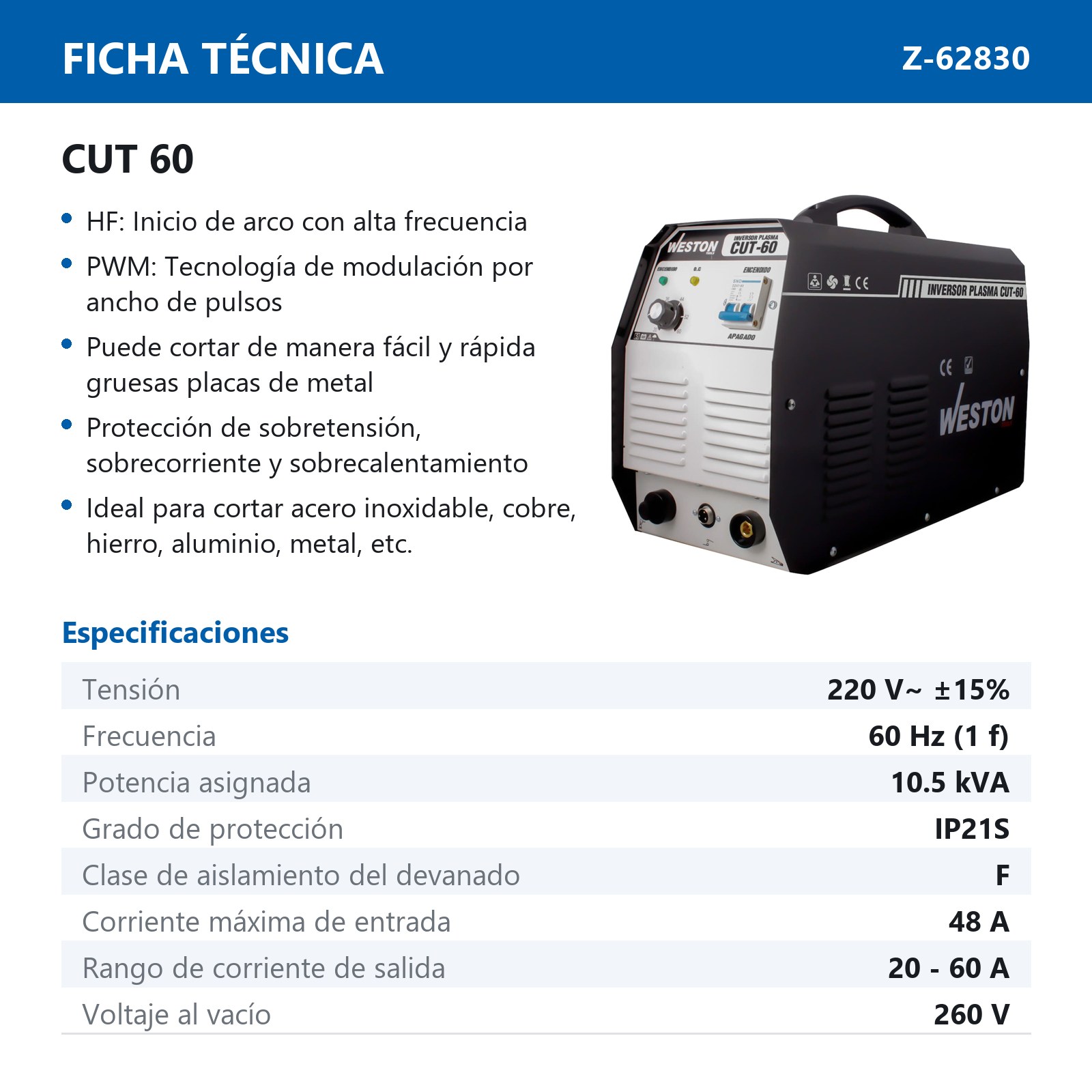 INVERSOR PLASMA 60AMP 220V C/CONSUMIBLES - Imagen 2