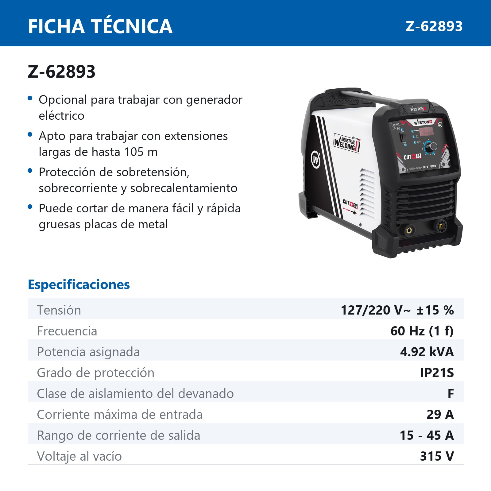 INVERSOR PLASMA CUT 45 PFC 110/220V - Imagen 2
