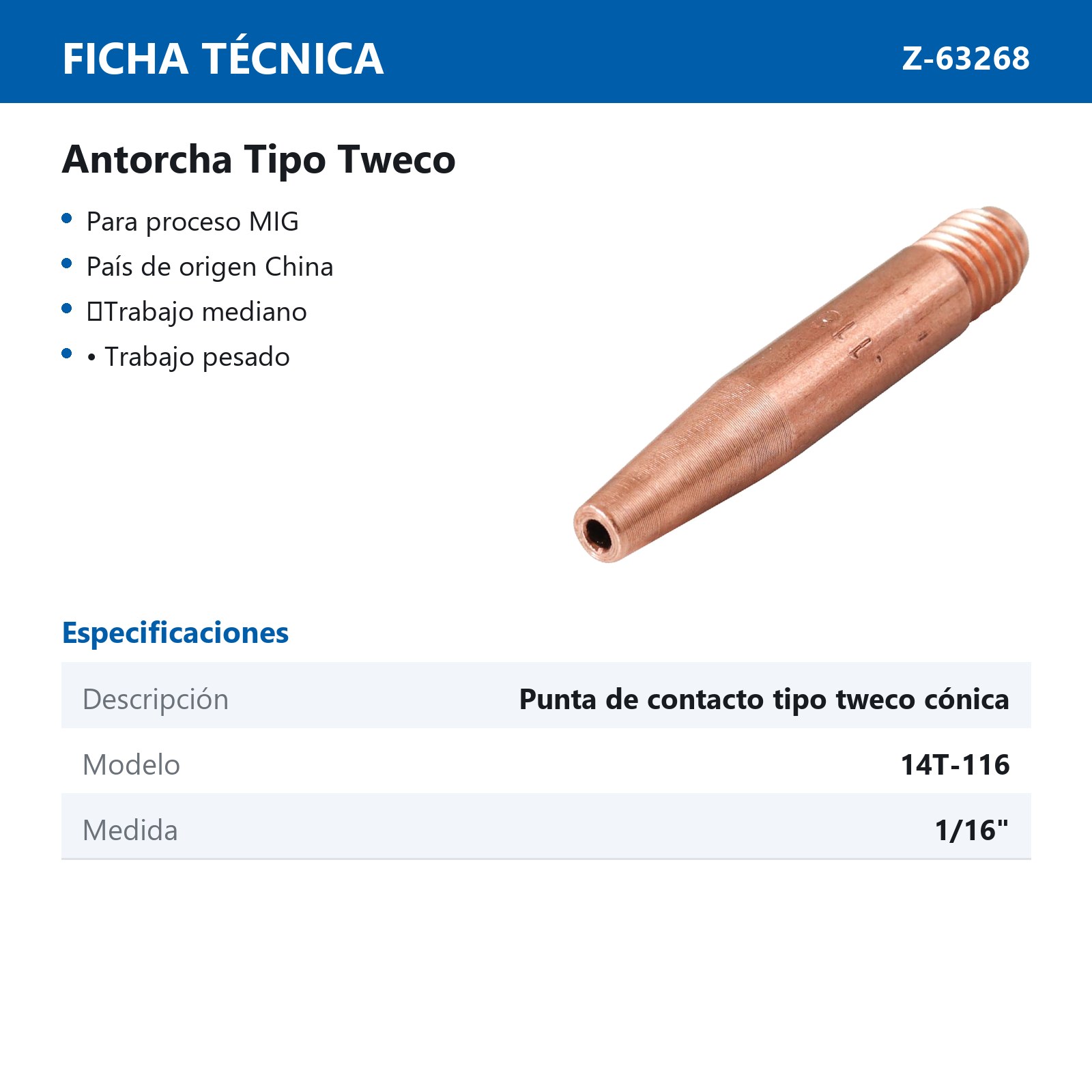 PUNTA DE CONTACTO CONICA TIPO TWECO 1/16" 14T116 - Imagen 3