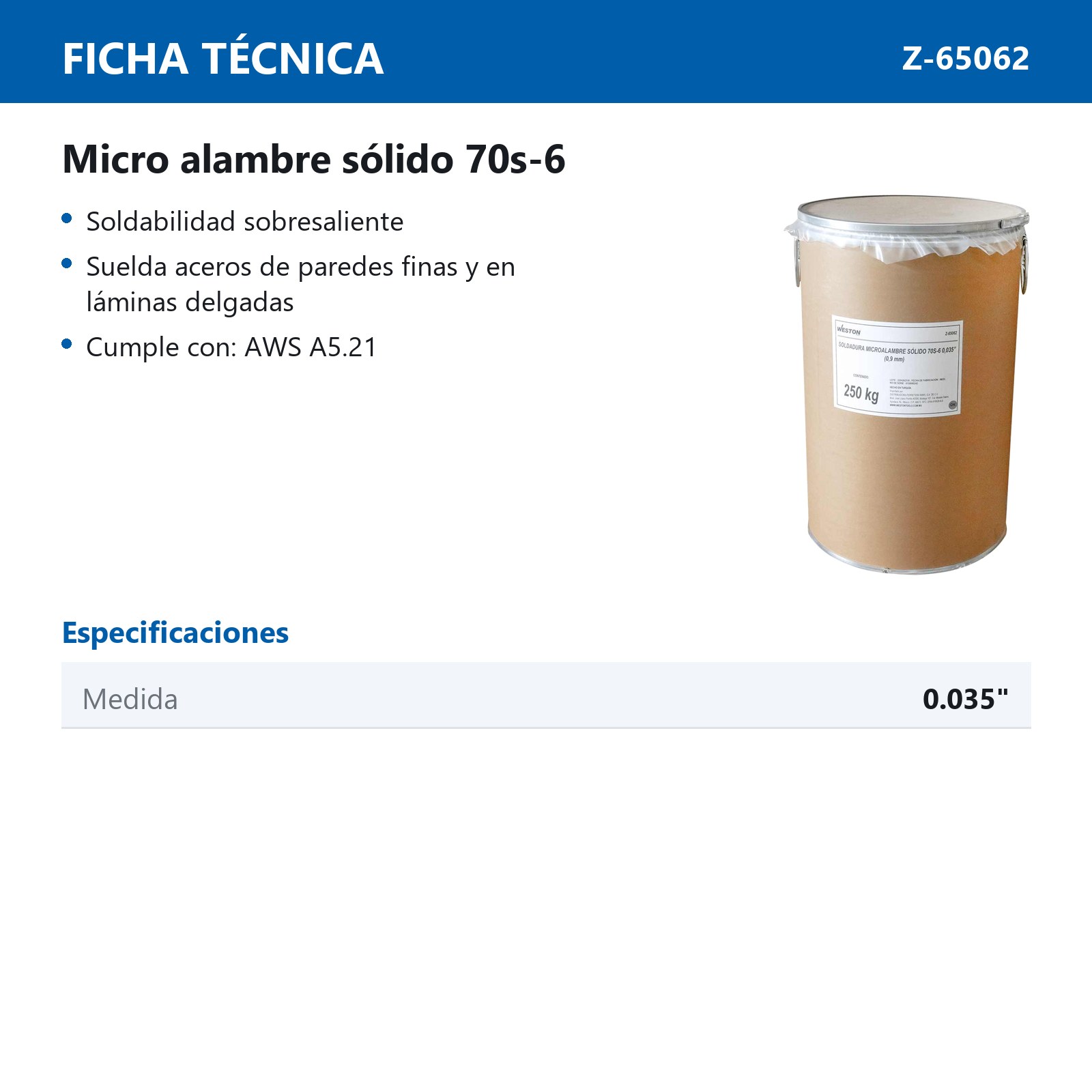 SOLDADURA MICROALAMBRE SOLIDO 70S-6 .035" (250KG) - Imagen 2