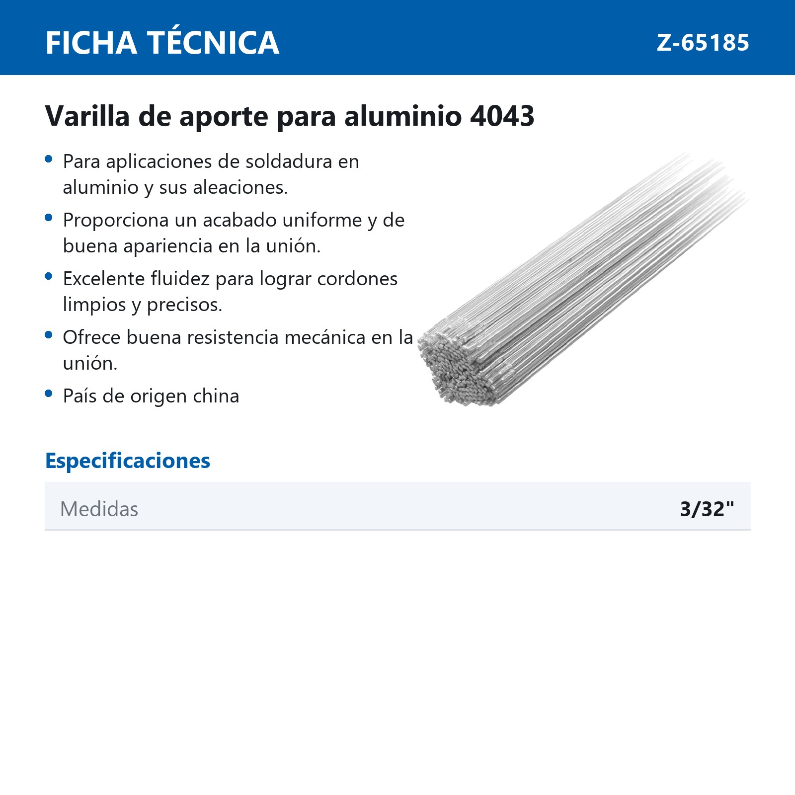 VARILLA APORTE TIG ALUMINIO 4043 3/32" (CAJA 4.50KG) - Imagen 2