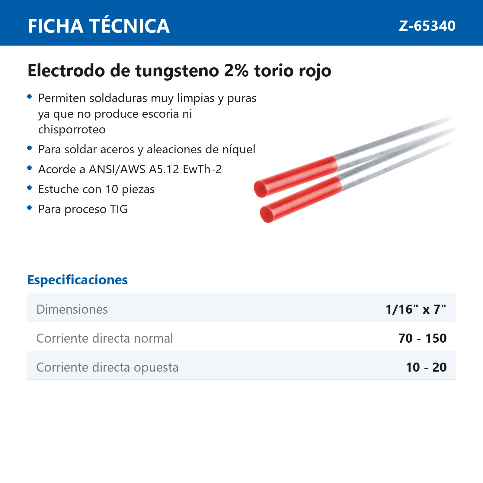 ELECTRODO D/TUNGSTENO 2% TH. ROJO 1/16" X 7" (Precio x Caja - caja c/10 piezas) - Imagen 3