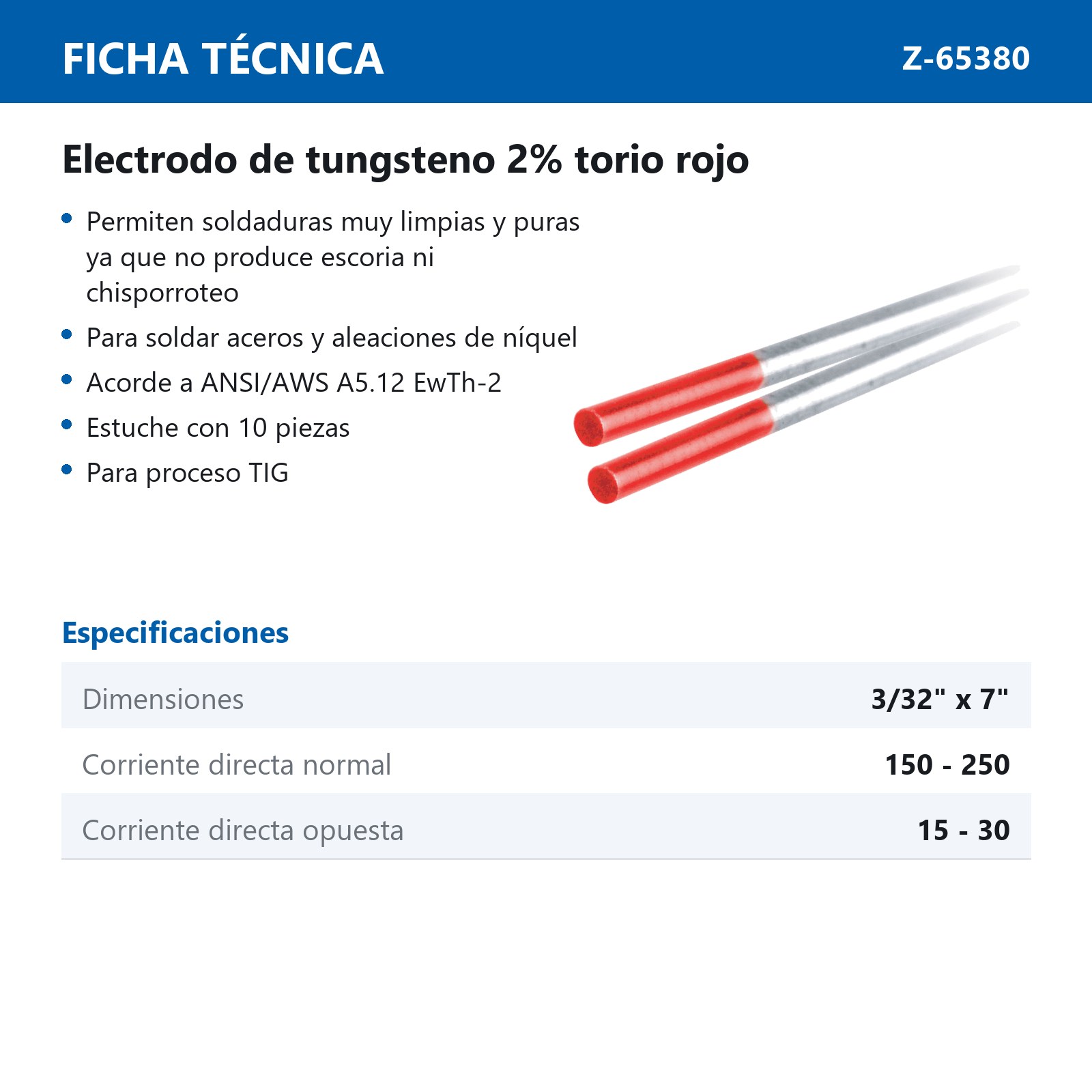 ELECTRODO D/TUNGSTENO 2% TH ROJO 3/32" X 7" (Precio x Caja - caja c/10 piezas) - Imagen 3