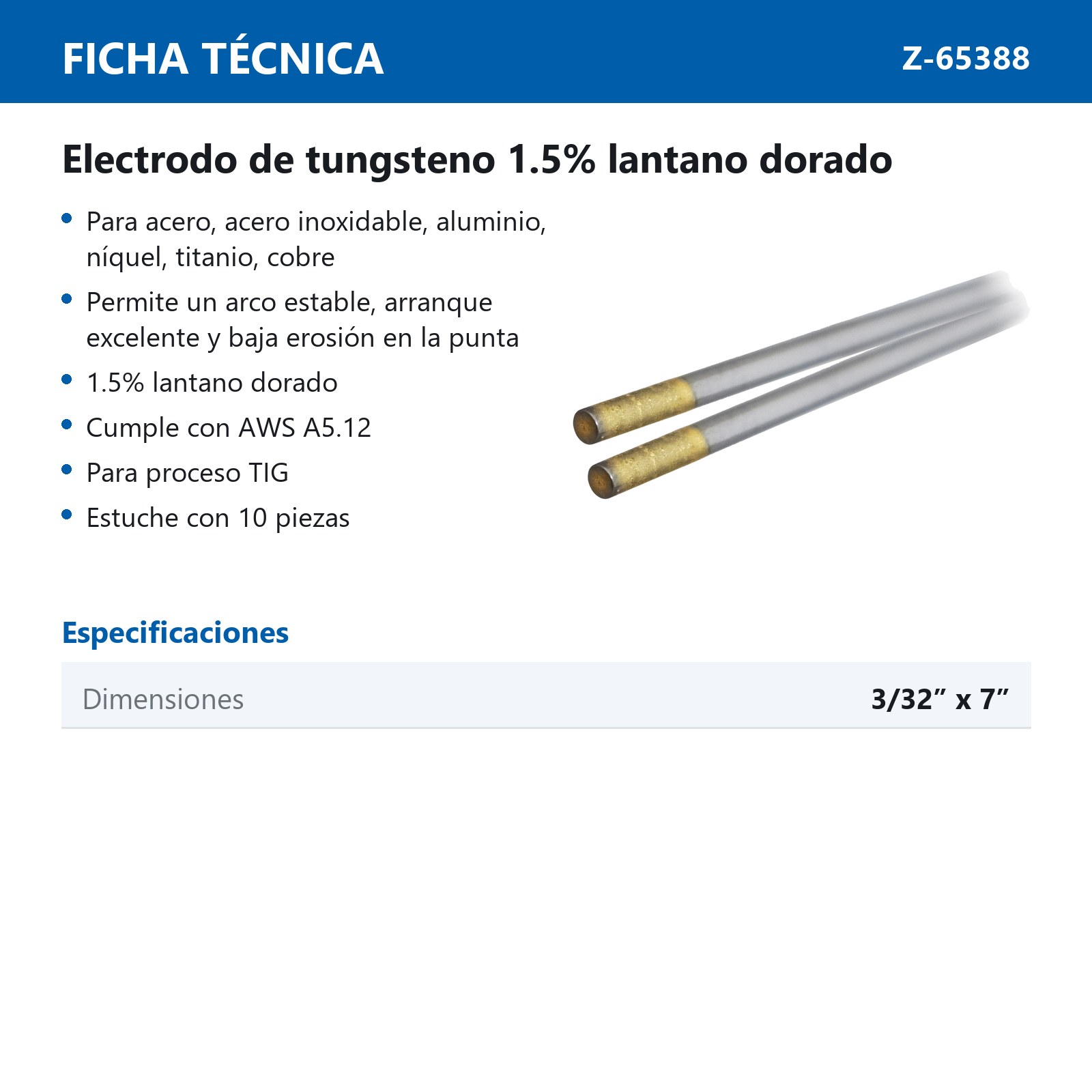 ELECTRODO D/TUNGSTENO 1.5% LANTANO DORADO 3/32" X 7" (Precio x Caja - caja c/10 piezas) - Imagen 3