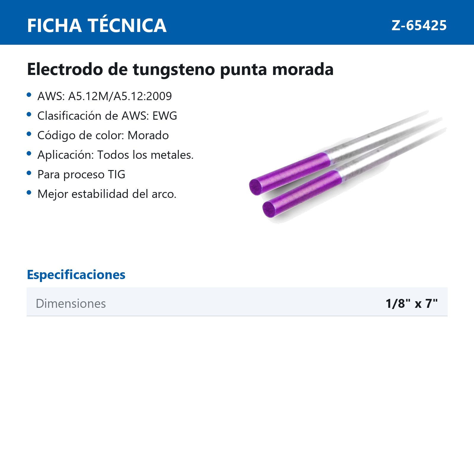 ELECTRODO D/TUNGSTENO MORADO 1/8" X 7" (Precio x Caja - caja c/10 piezas) - Imagen 2