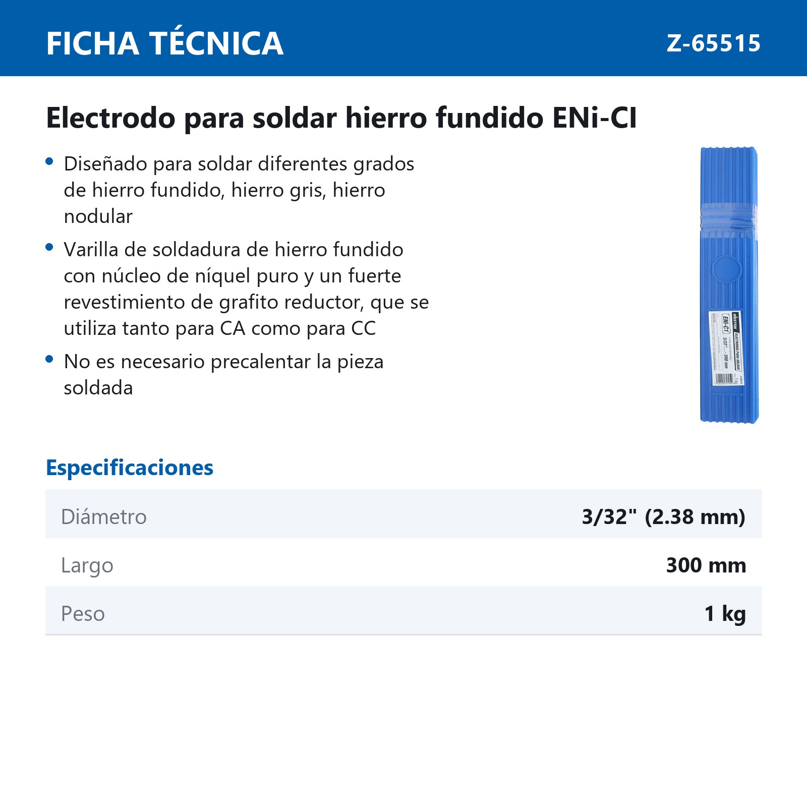 ELECTRODO PARA SOLDAR HIERRO FUNDIDO ENi-Cl 99% 3/32" - 300MM (CAJA 1 KG) - Imagen 4