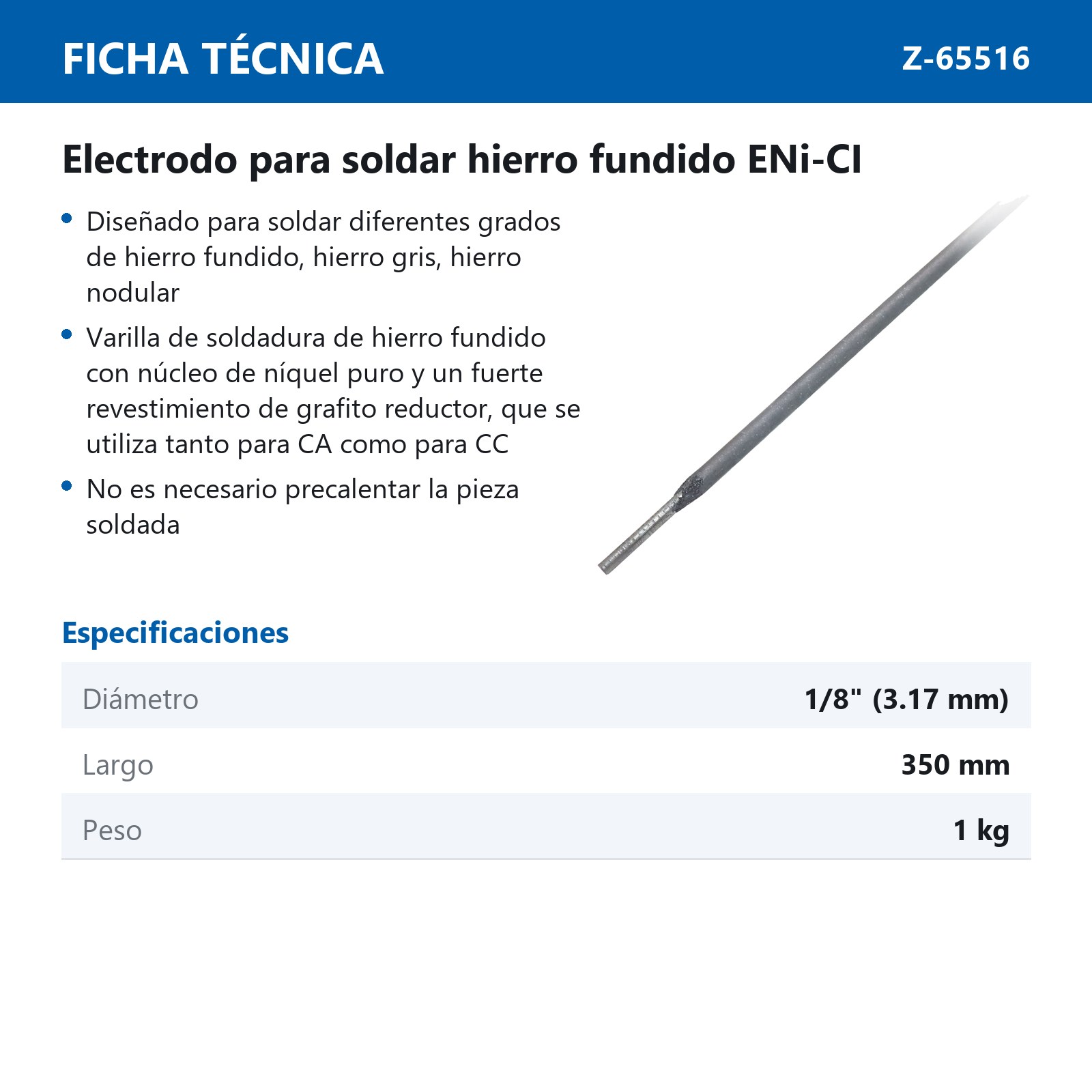 ELECTRODO PARA SOLDAR HIERRO FUNDIDO ENi-Cl 99% 1/8" - 350MM (CAJA 1 KG) - Imagen 2
