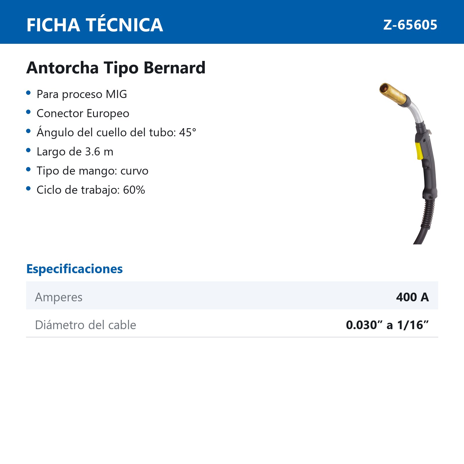 ANTORCHA MIG TIPO BERNARD 400 AMP NB400-3.6 CONEXION TIPO EUROPEA - Imagen 3