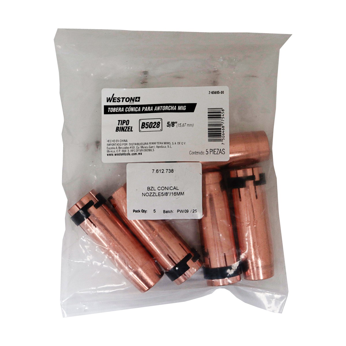 Tobera Cónica 5/8" para Antorcha MIG Tipo Binzel B5028 Weston Plus (Empaque con 5 Piezas)