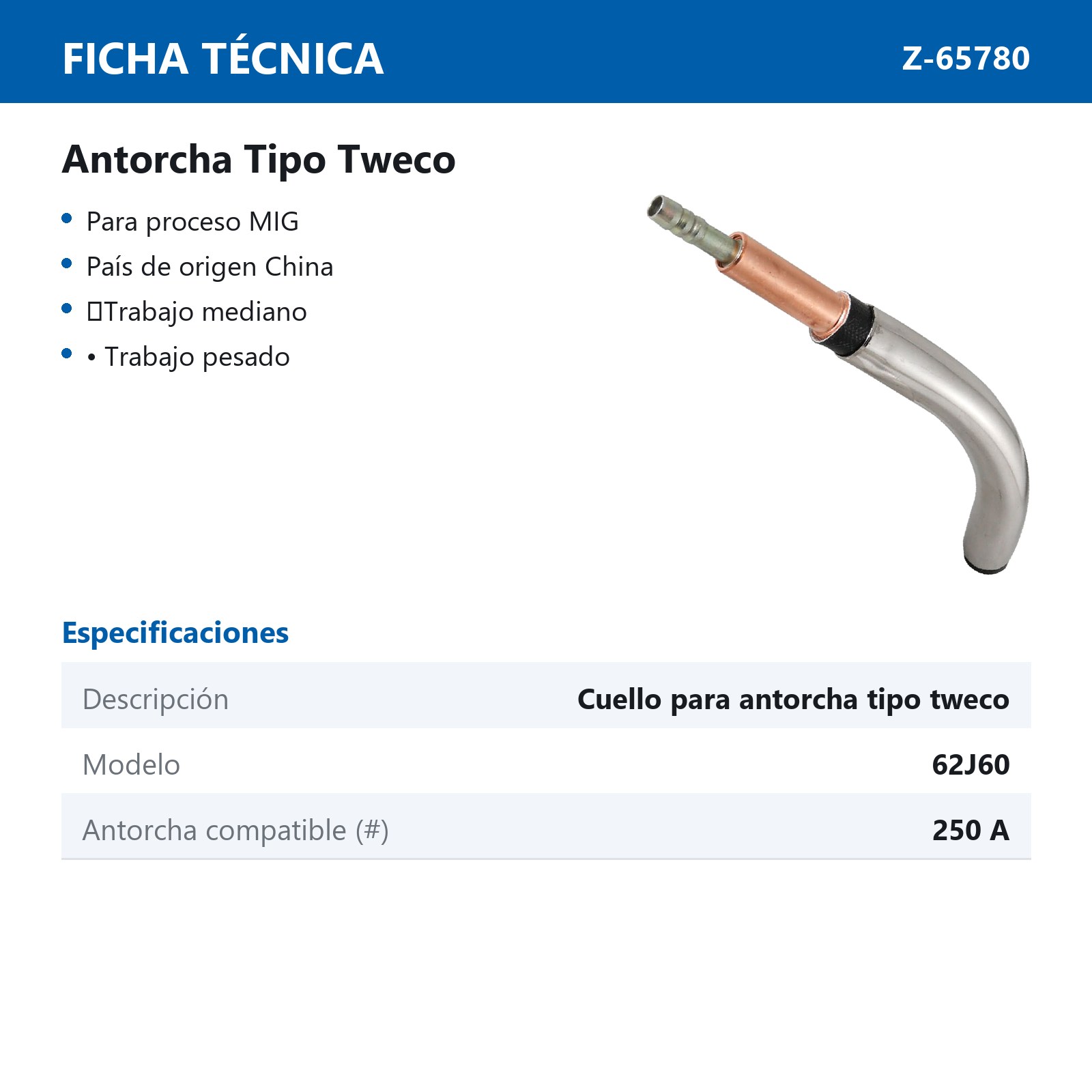 CUELLO PARA ANTORCHA MIG TIPO TWECO 250AMP 62J60 - Imagen 3