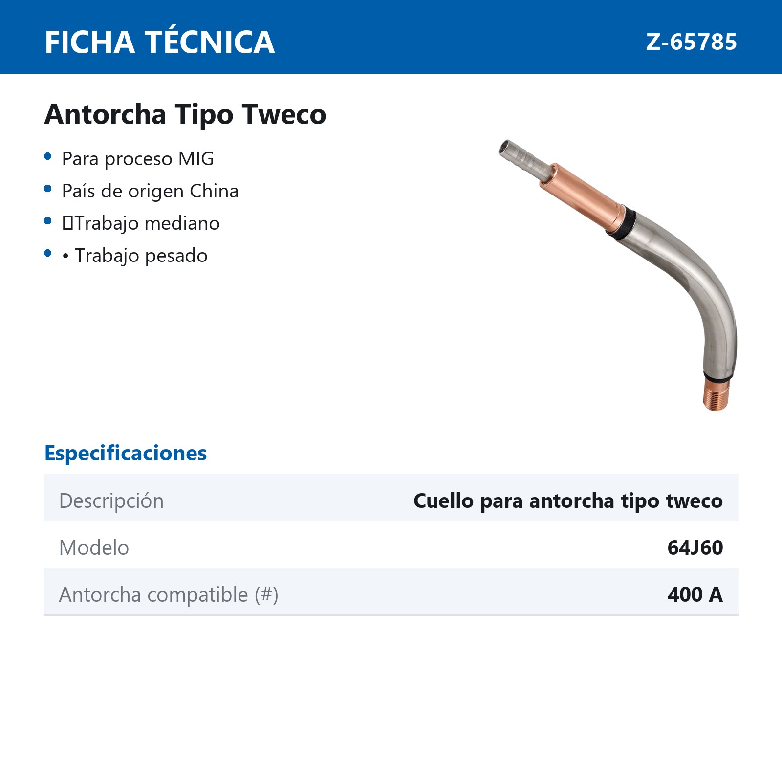 CUELLO PARA ANTORCHA MIG TIPO TWECO 400AMP 64J60 - Imagen 3