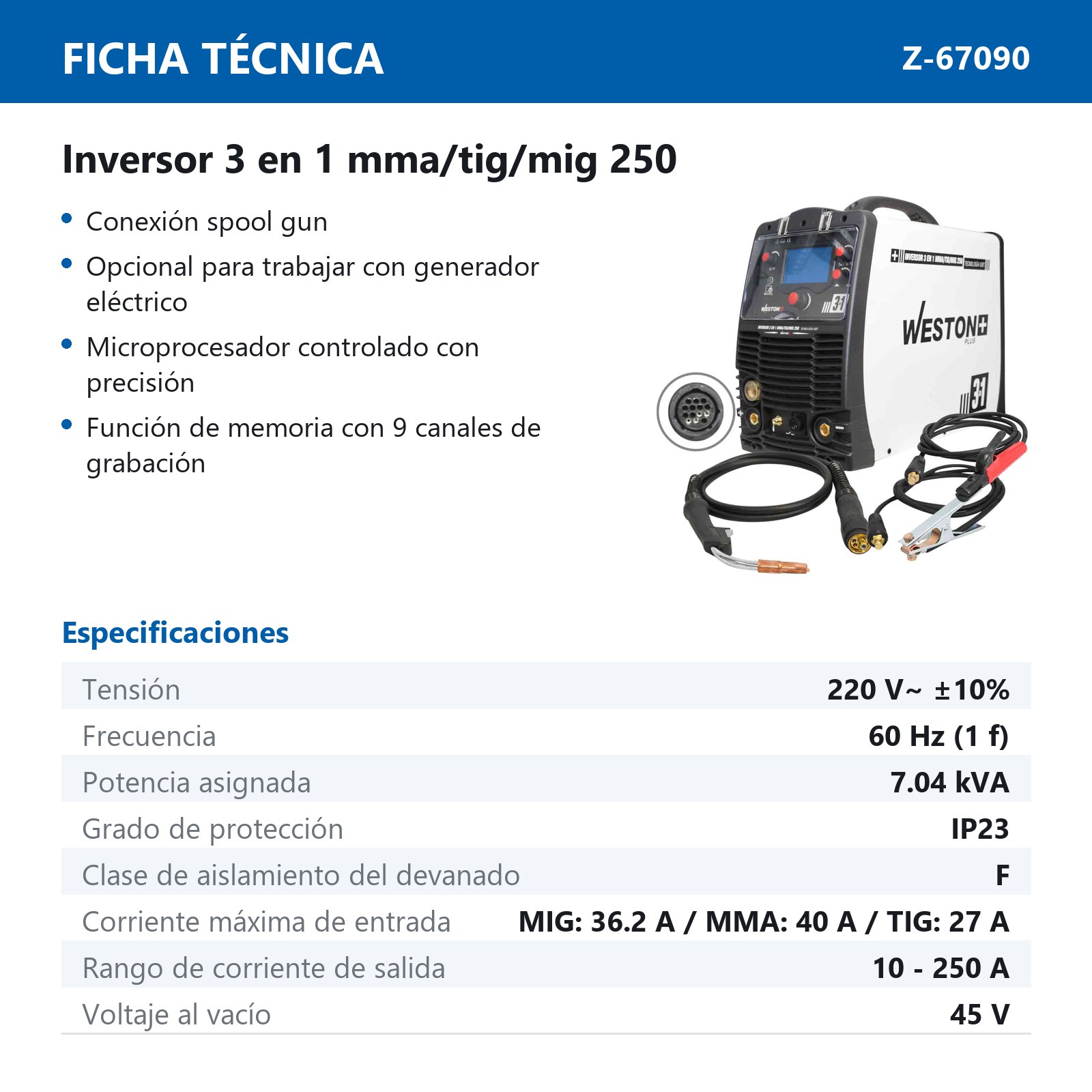 INVERSOR MULTIPROCESO 3EN1 MMA/TIG/MIG 250A 220V - Imagen 2