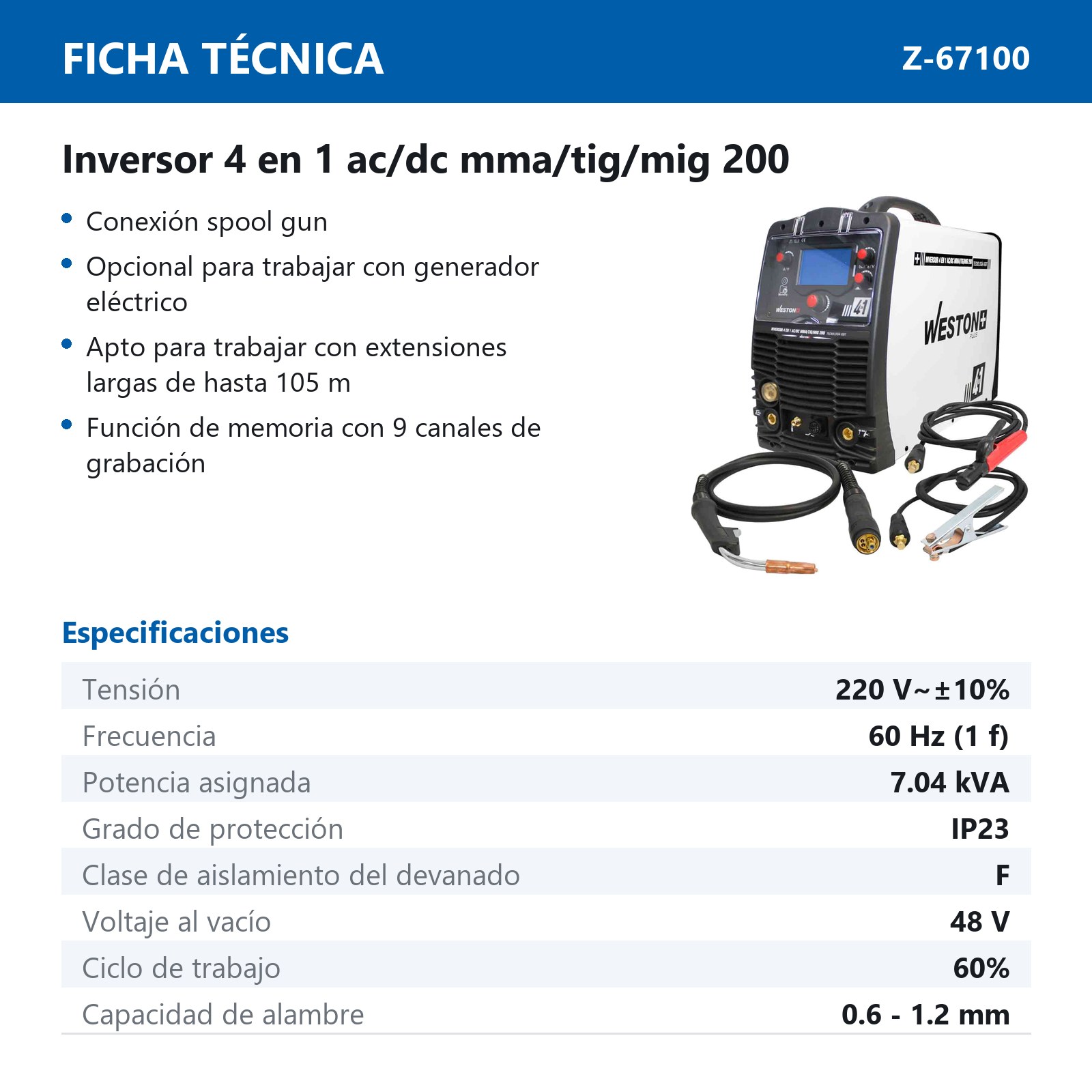 INVERSOR MULTIPROCESO 4EN1 AC/DC MMA/TIG/MIG 200A 220V - Imagen 2
