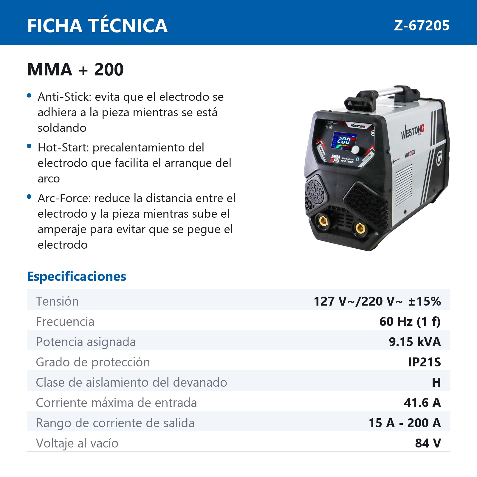 INVERSOR MMA 200A 110/220V 1PH IGBT C/LIFT TIG WESTON PLUS - Imagen 2