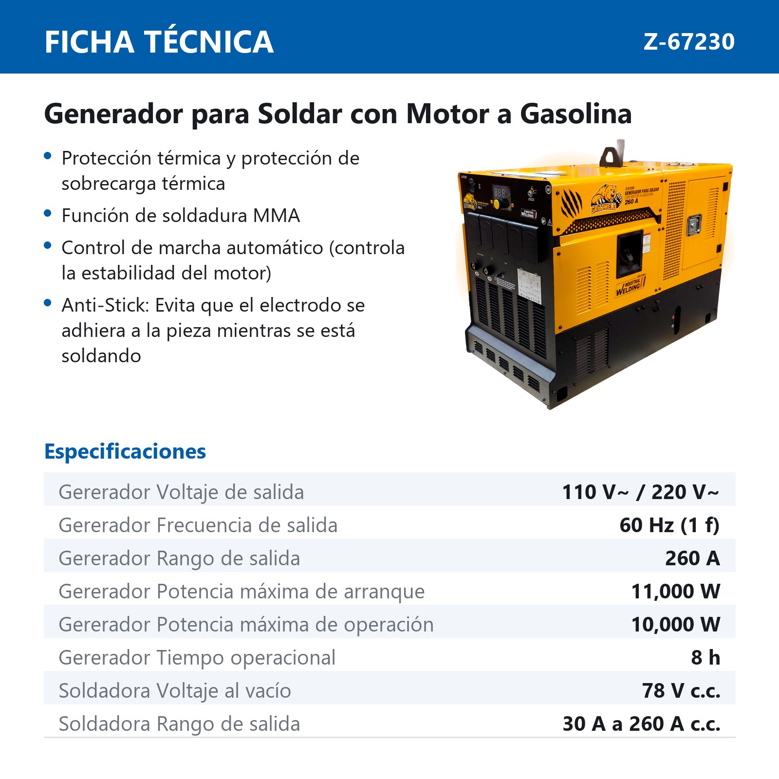 GENERADOR P/SOLDAR C/MOTOR A GASOLINA LONCIN 260A (INICIO ELEC. 110/220V) GRIZZWELD - Imagen 2