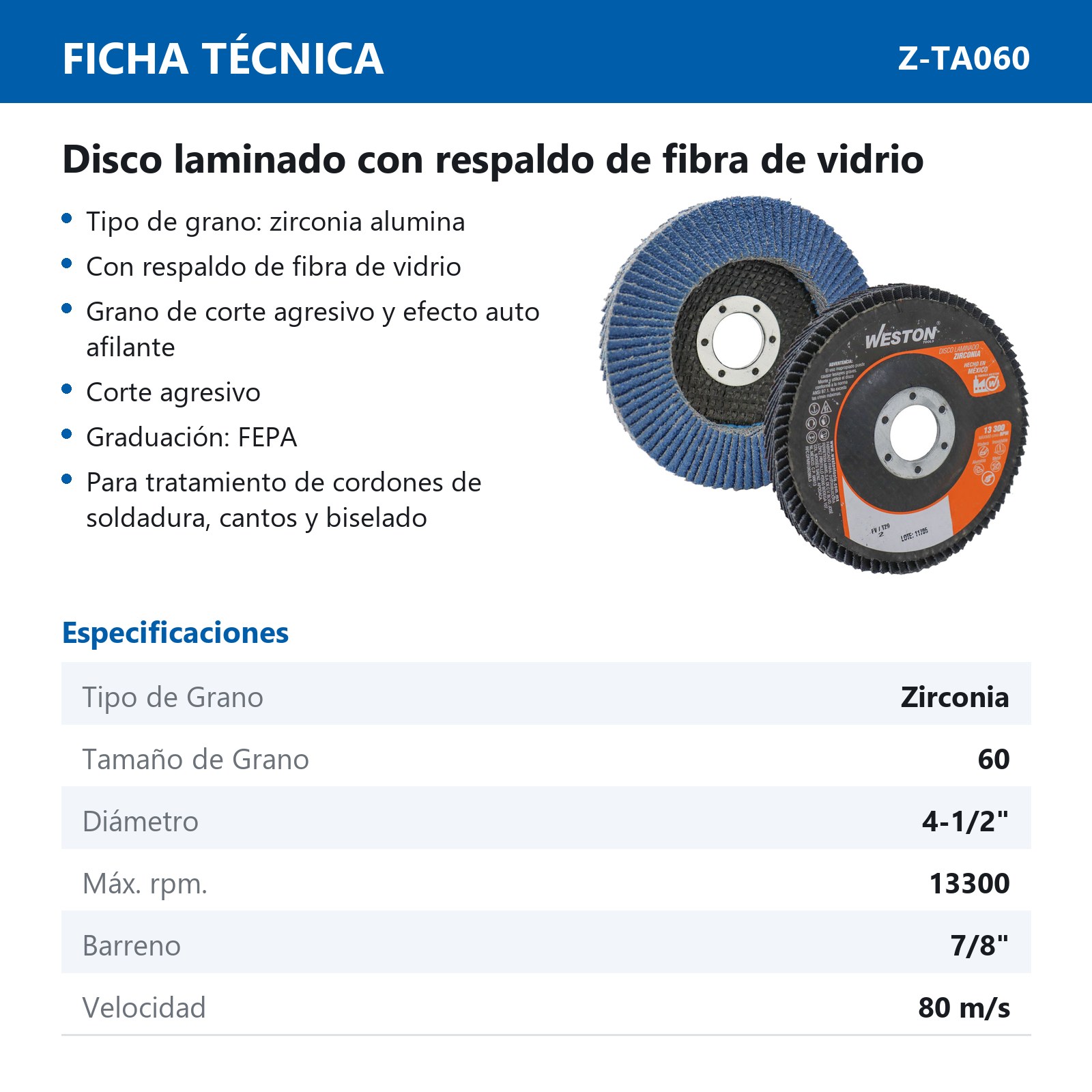DISCO LAMINADO WESTON ZIRCONIA 4-1/2" X 7/8" G060 - Imagen 3