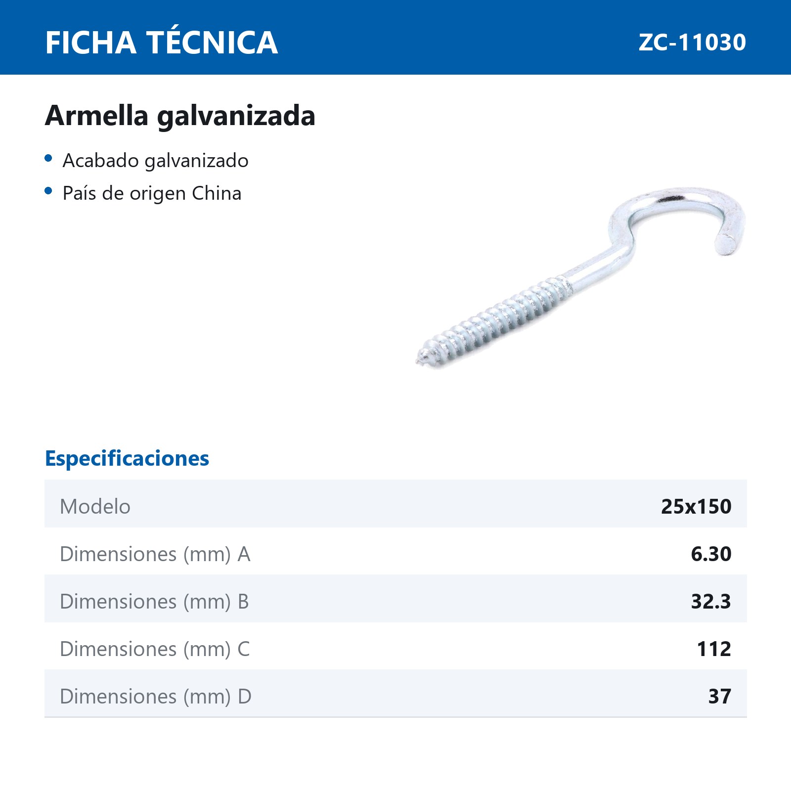 ARMELLA ABIERTA GALV. 25 X 150    (Precio x Pza - Caja c/50 pzas) - Imagen 3