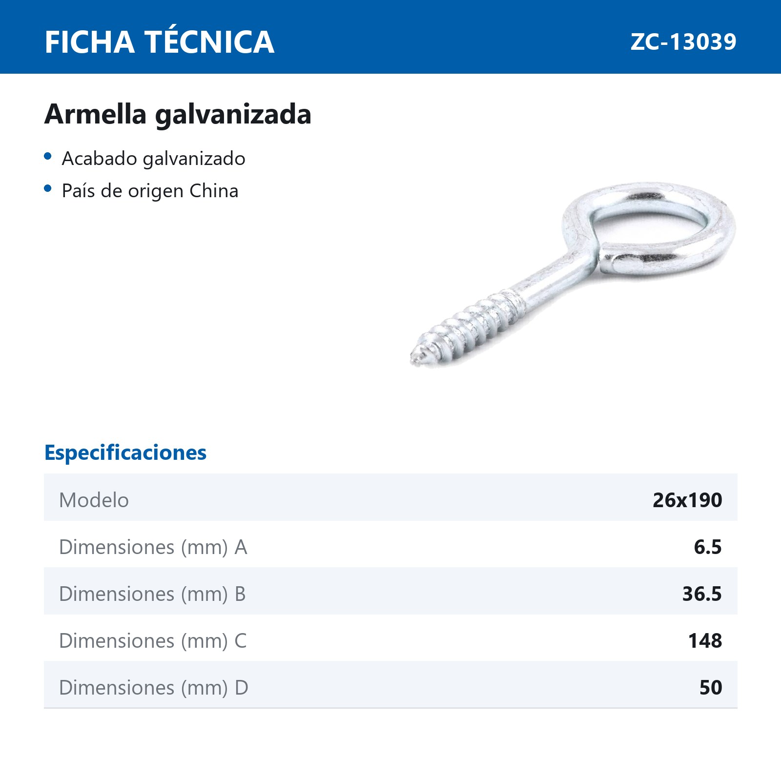 ARMELLA CERRADA GALV. 6.5 x 36.5 x 148 x 50 mm  (Precio x Pza - Caja c/50 pzas) - Imagen 3