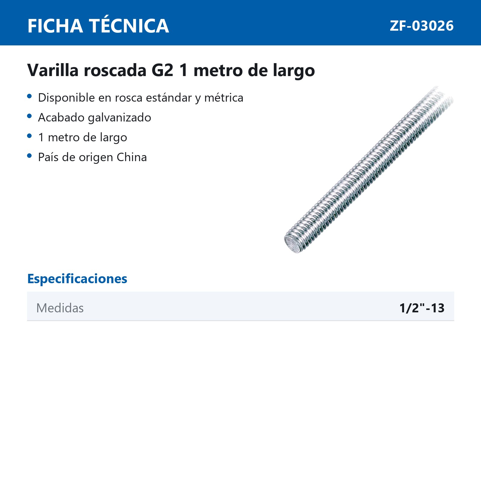 VARILLA ROSCADA GALV.GR2 1/2-13X1MT - Imagen 2