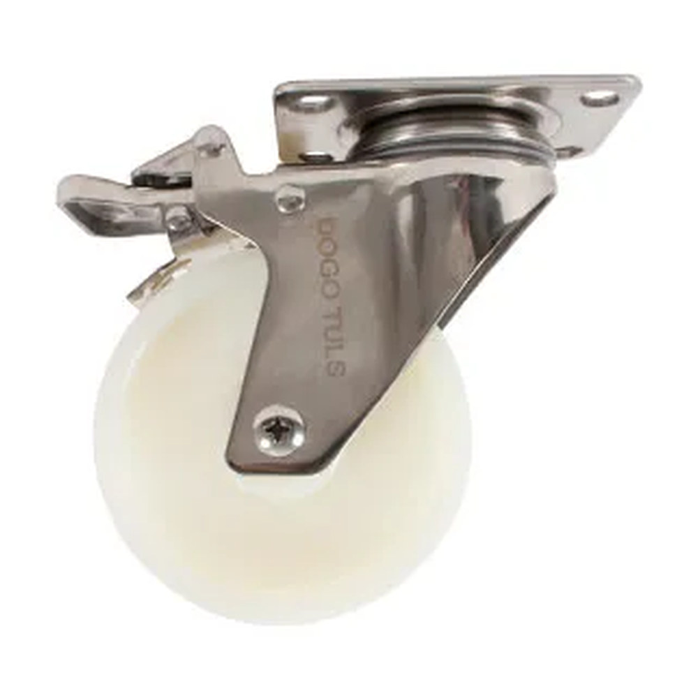 RODAJA DE NYLON CON HERRAJE DE ACERO INOXIDABLE GIRATORIA CON PLACA CON FRENO 4"