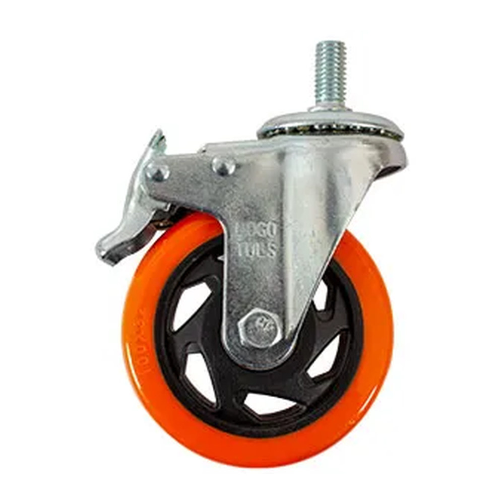 RODAJA DE PVC NARANJA GIRATORIA 4" CON ESPIGA ROSCADA DE 1/2" CON FRENO