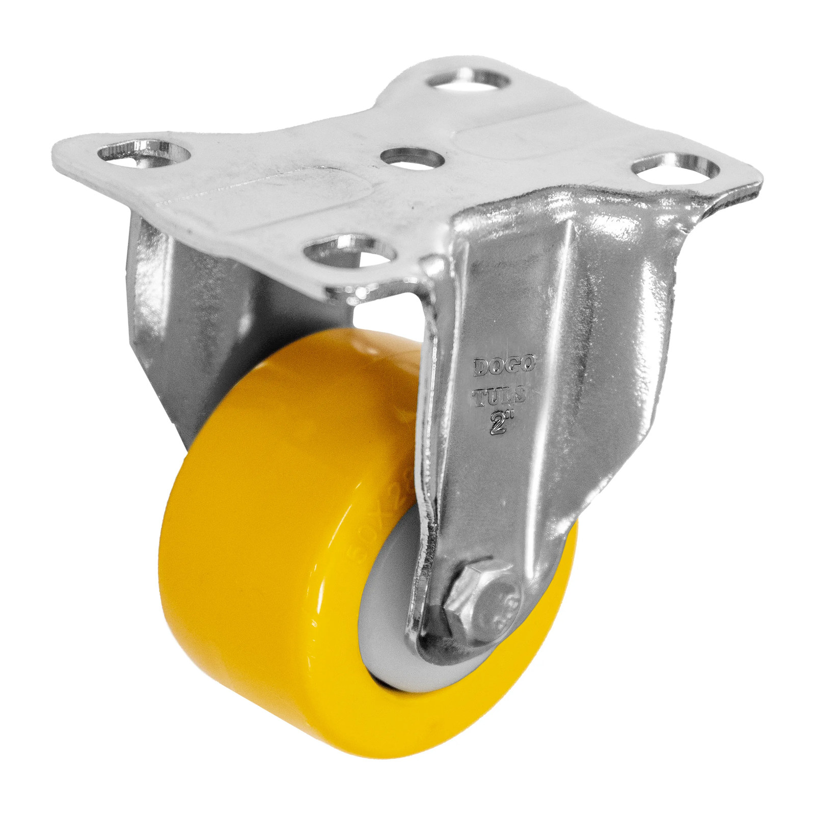 RODAJA DE POLIURETANO AMARILLO, CON HERRAJE CROMADO, GIRATORIA CON PLACA, CON FRENO 4"