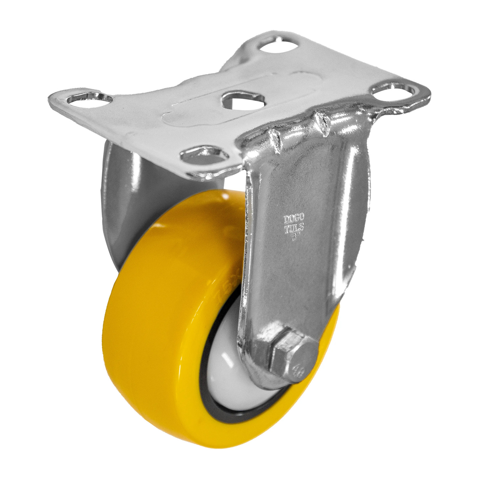 RODAJA DE POLIURETANO AMARILLO, CON HERRAJE CROMADO, FIJA, CON PLACA 3"