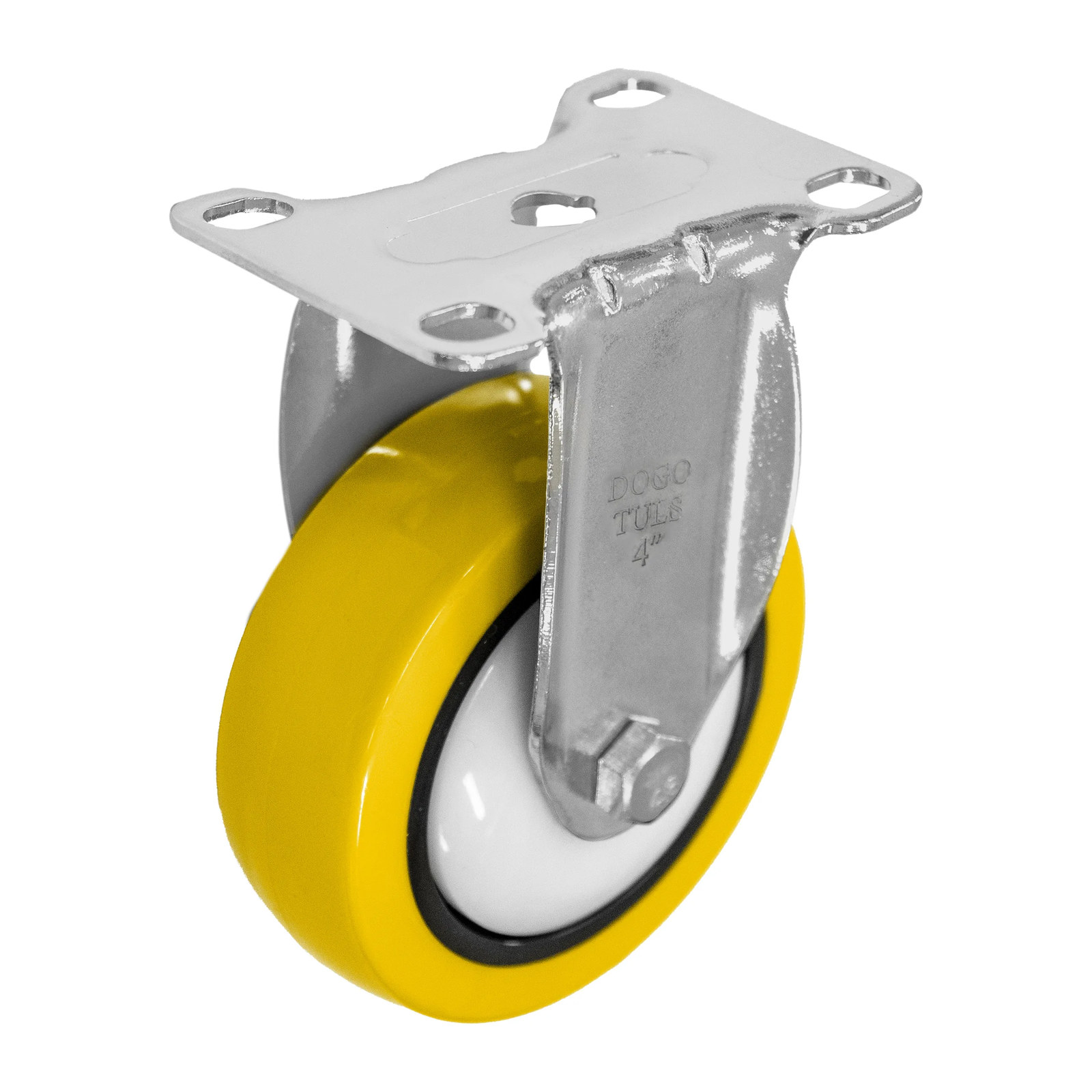 RODAJA DE POLIURETANO AMARILLO, CON HERRAJE CROMADO, FIJA, CON PLACA 4"