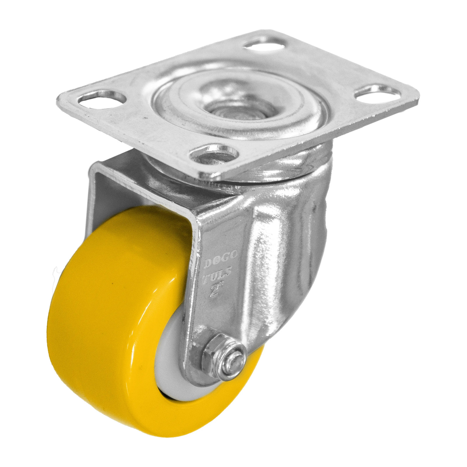 RODAJA DE POLIURETANO AMARILLO, CON HERRAJE CROMADO, GIRATORIA, CON PLACA 2"
