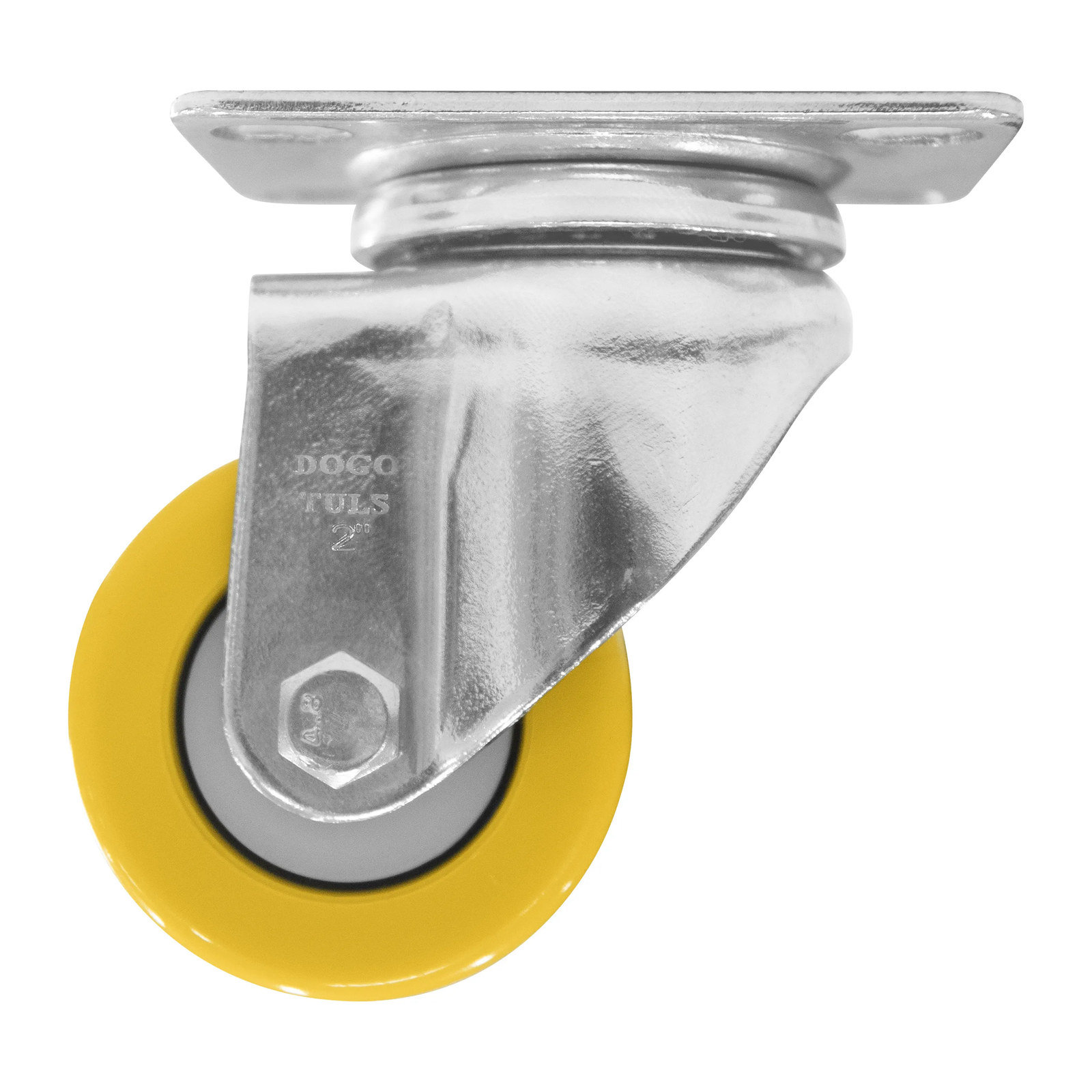 RODAJA DE POLIURETANO AMARILLO, CON HERRAJE CROMADO, GIRATORIA, CON PLACA 2" - Imagen 2