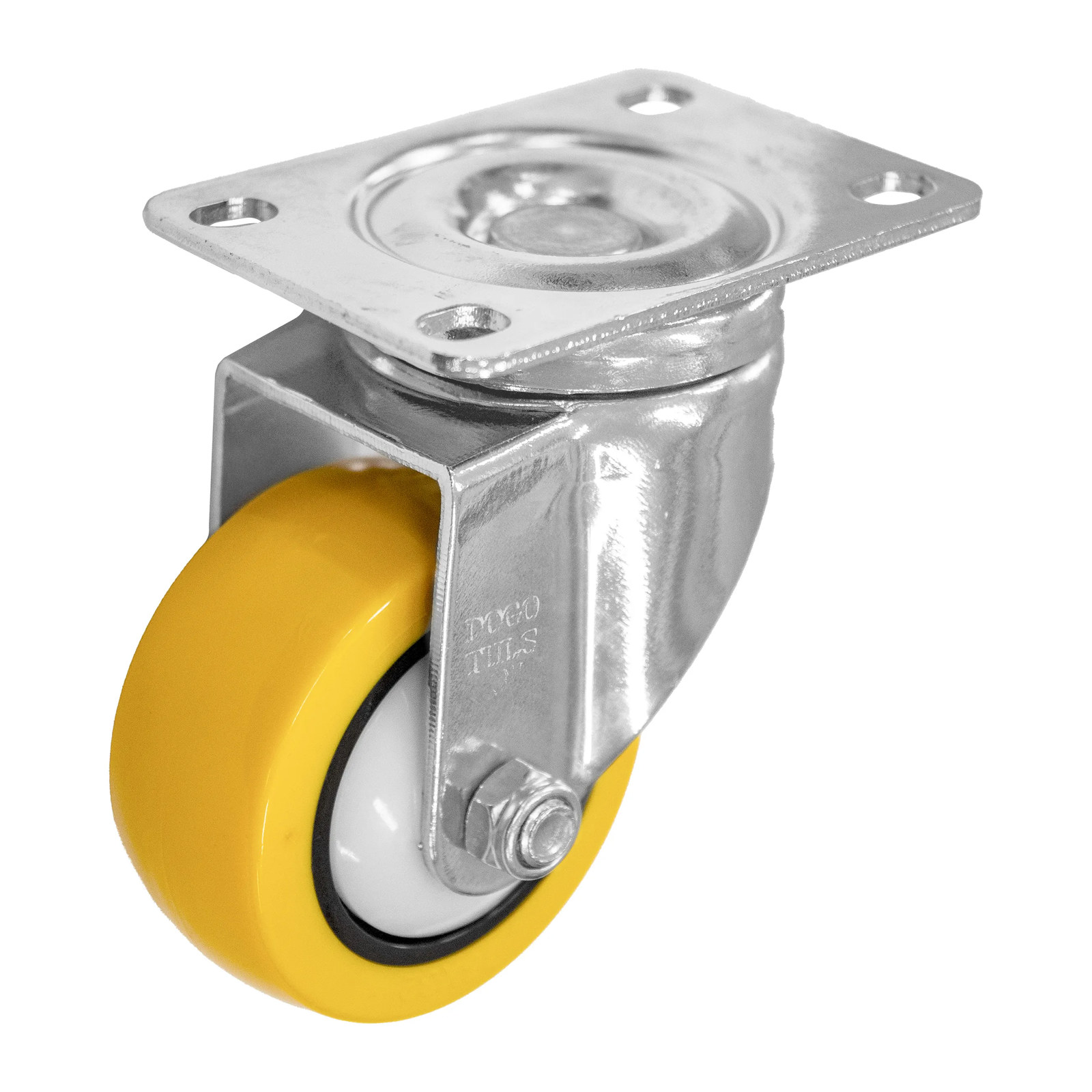 RODAJA DE POLIURETANO AMARILLO, CON HERRAJE CROMADO, GIRATORIA, CON PLACA 3"