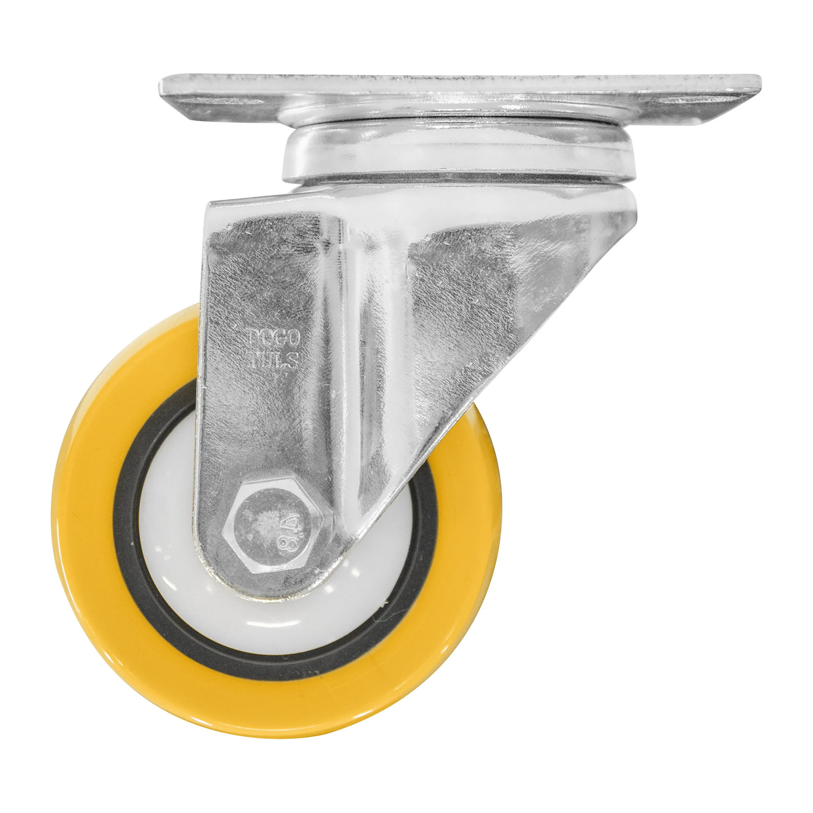 RODAJA DE POLIURETANO AMARILLO, CON HERRAJE CROMADO, GIRATORIA, CON PLACA 3" - Imagen 2