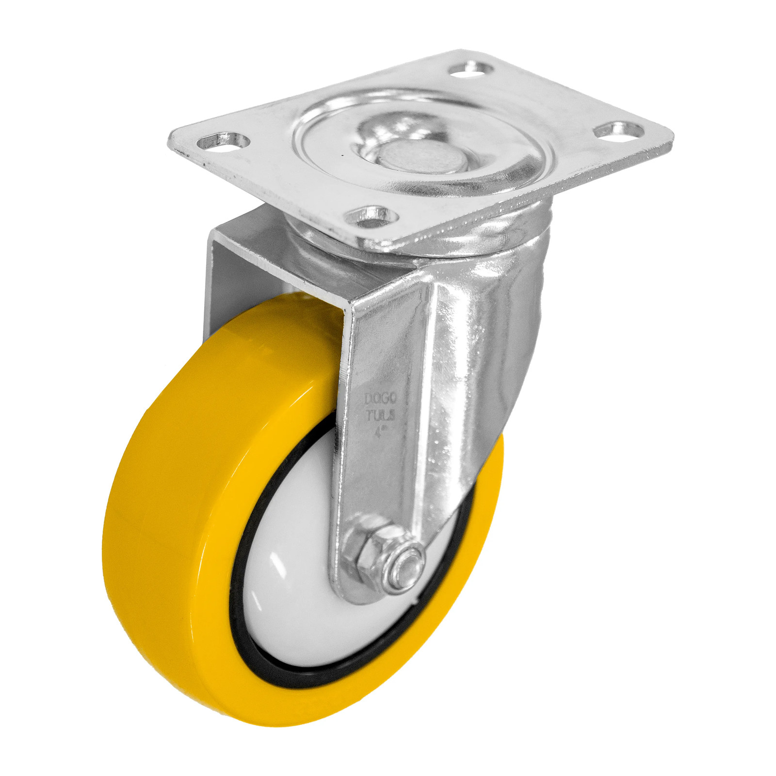 RODAJA DE POLIURETANO AMARILLO, CON HERRAJE CROMADO, GIRATORIA, CON PLACA 4"
