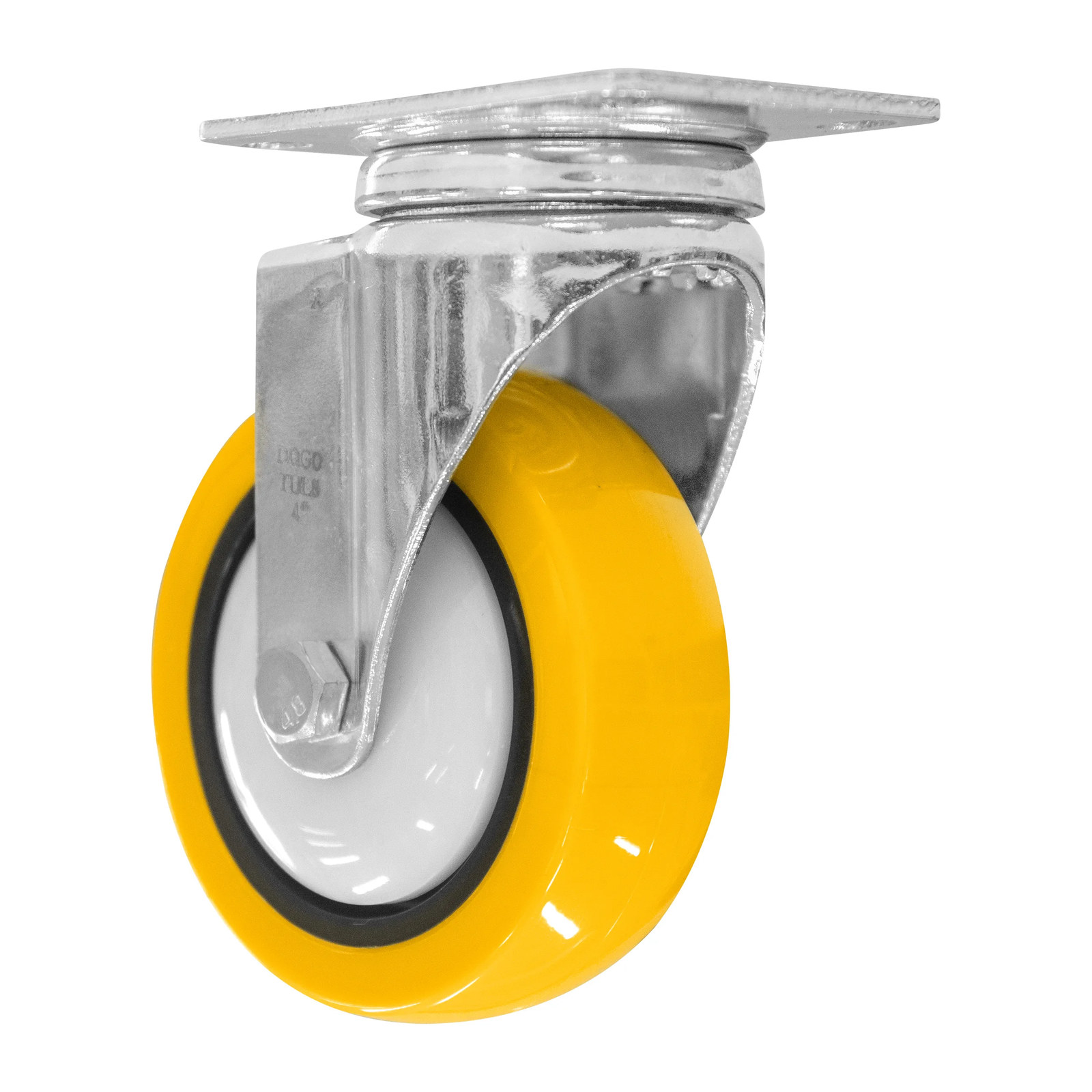 RODAJA DE POLIURETANO AMARILLO, CON HERRAJE CROMADO, GIRATORIA, CON PLACA 4" - Imagen 3