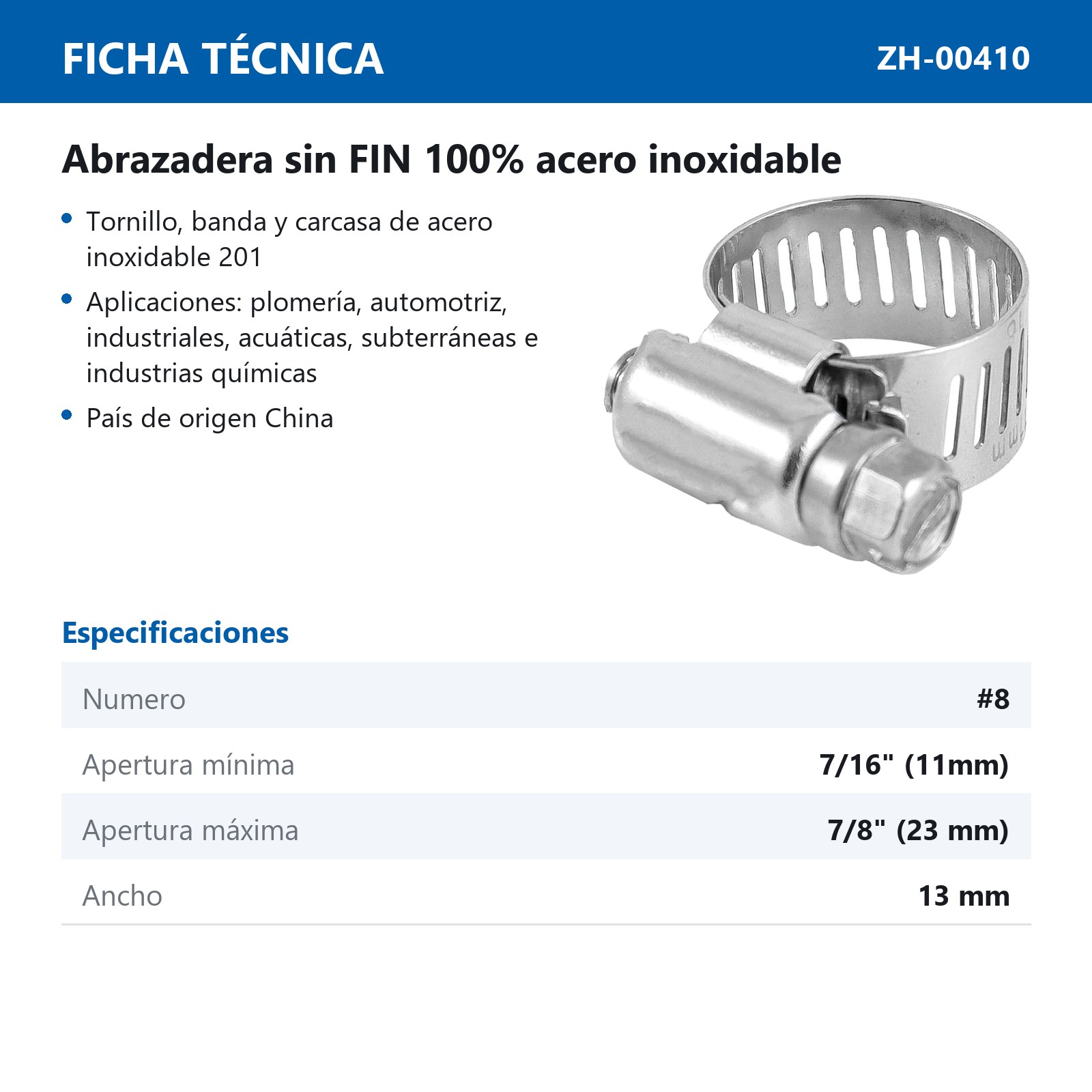 ABRAZADERA SINFIN D/ACERO INOXIDABLE #8 11-23MM x 13MM (Precio x pieza - Empaque c/10 pzas) - Imagen 4