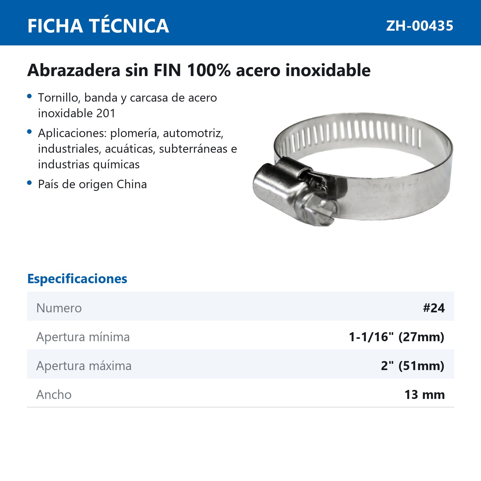 ABRAZADERA SINFIN D/ACERO INOXIDABLE #24 27-51MM X 13MM (Precio x pieza - Empaque c/10 pzas) - Imagen 4