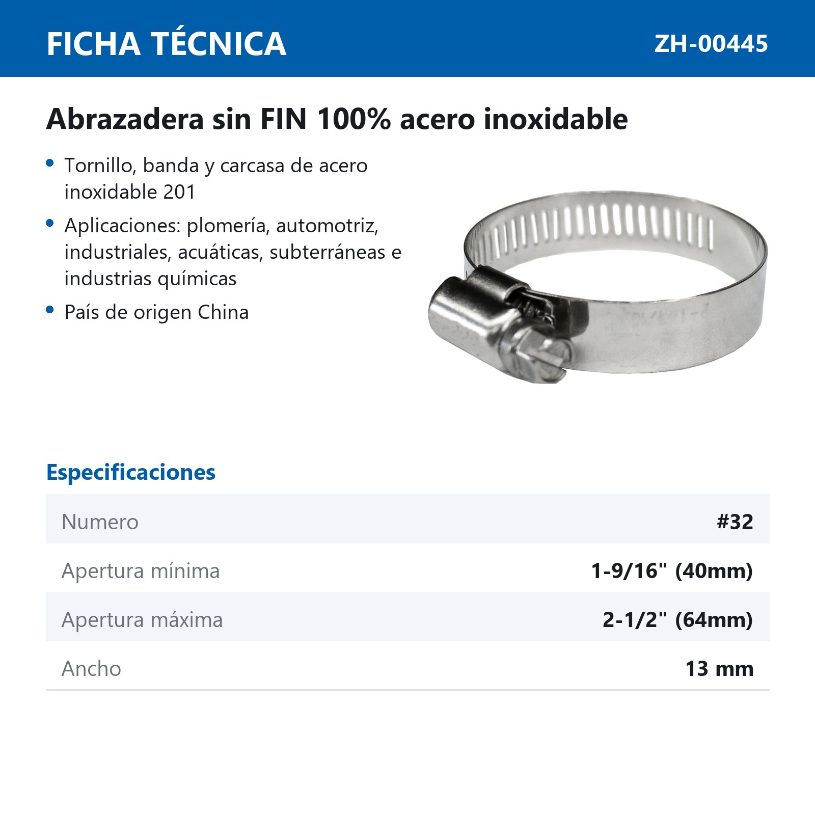 ABRAZADERA SINFIN D/ACERO INOXIDABLE #32 40-64MM X 13MM (Precio x pieza - Empaque c/10 pzas) - Imagen 4