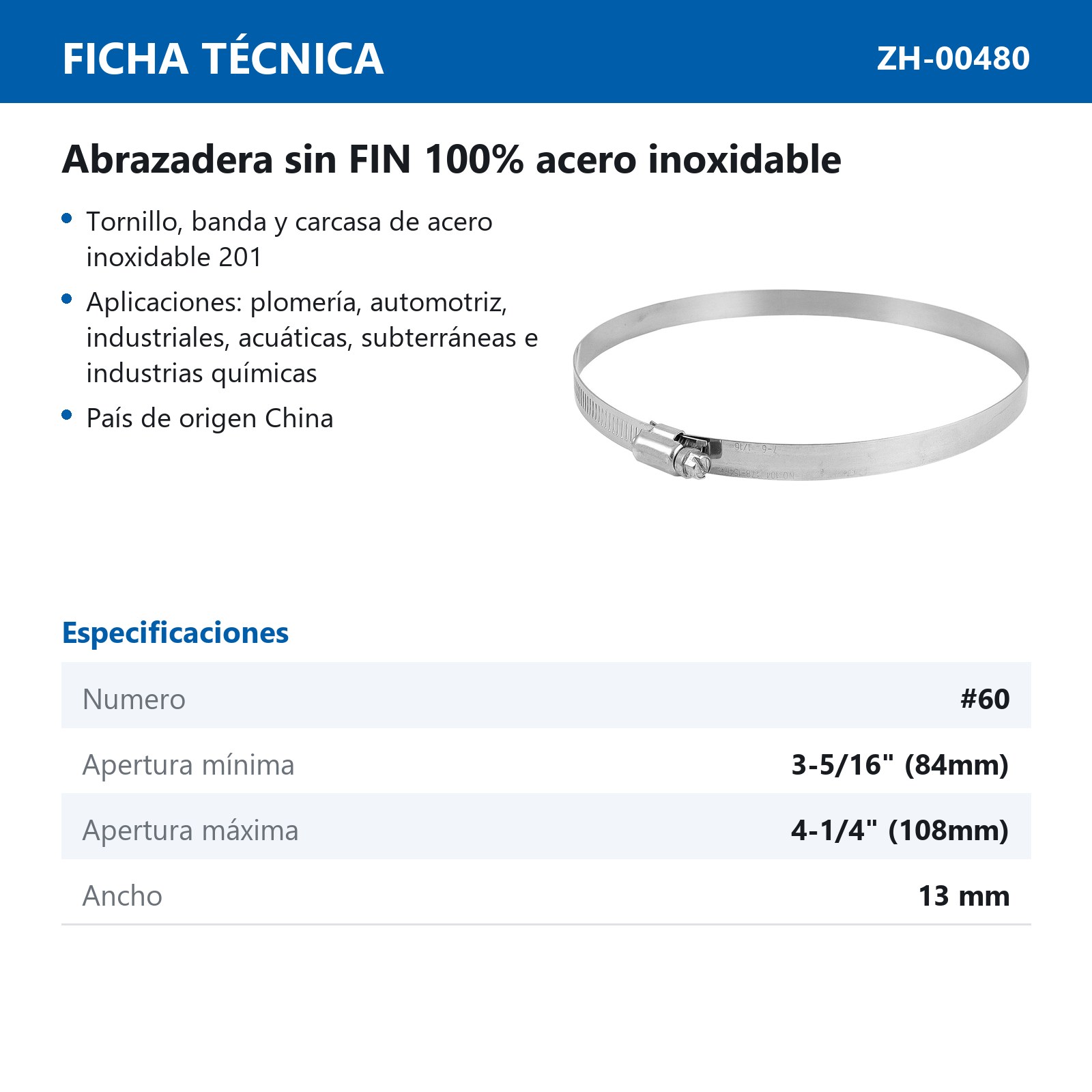 ABRAZADERA SINFIN D/ACERO INOXIDABLE #60 84-108MM X 13MM (Precio x pieza - Empaque c/10 pzas) - Imagen 4