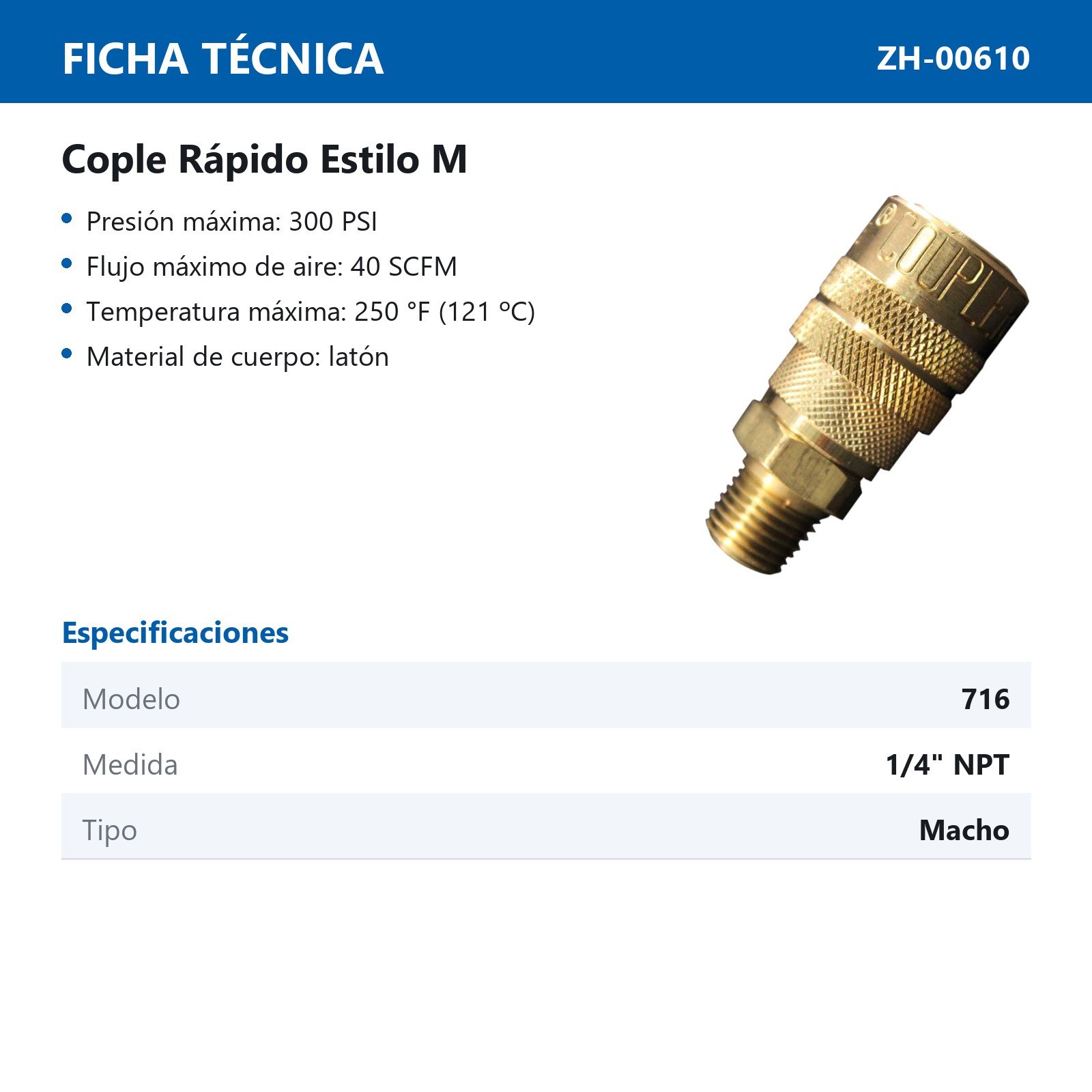 CONEXION RAPIDA MACHO 1/4" NPT Mod 716BK - Imagen 2