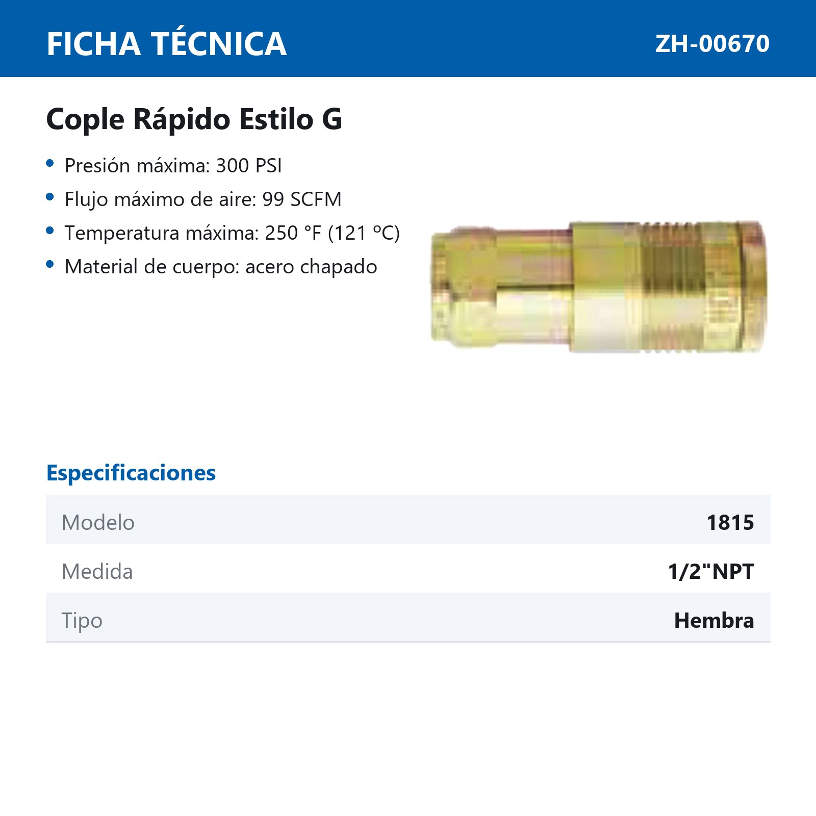 CONEXION RAPIDA HEMBRA 1/2" NPT  ESTILO G Mod 1815BK - Imagen 2
