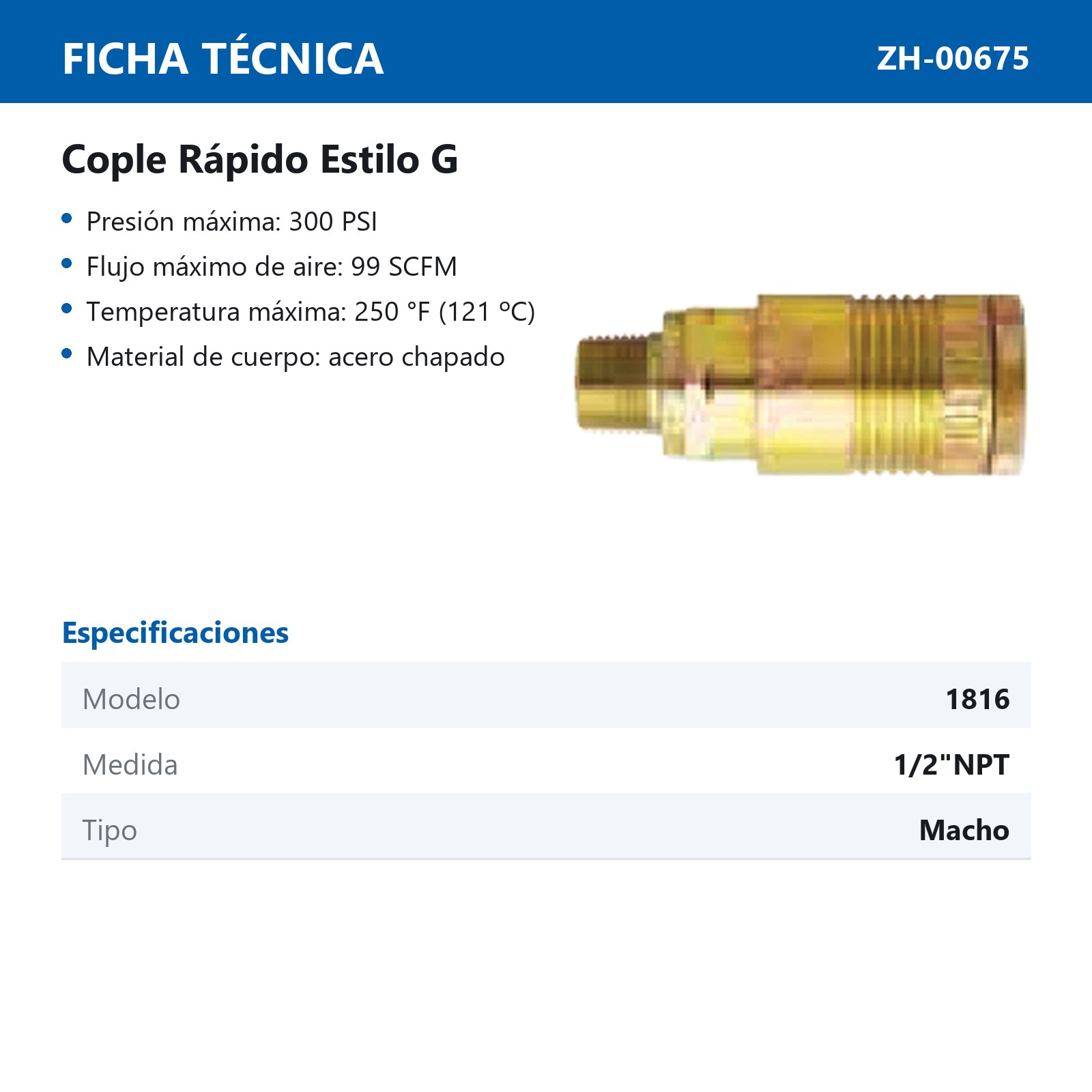 CONEXION RAPIDA MACHO 1/2" NPT  ESTILO G Mod 1816BK - Imagen 2
