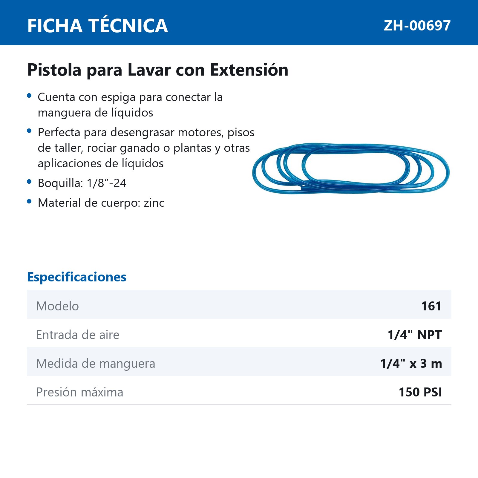 PISTOLA PARA LAVAR CON EXTENSION 1/4"X3.66 M DE MANGUERA Mod 161 - Imagen 3