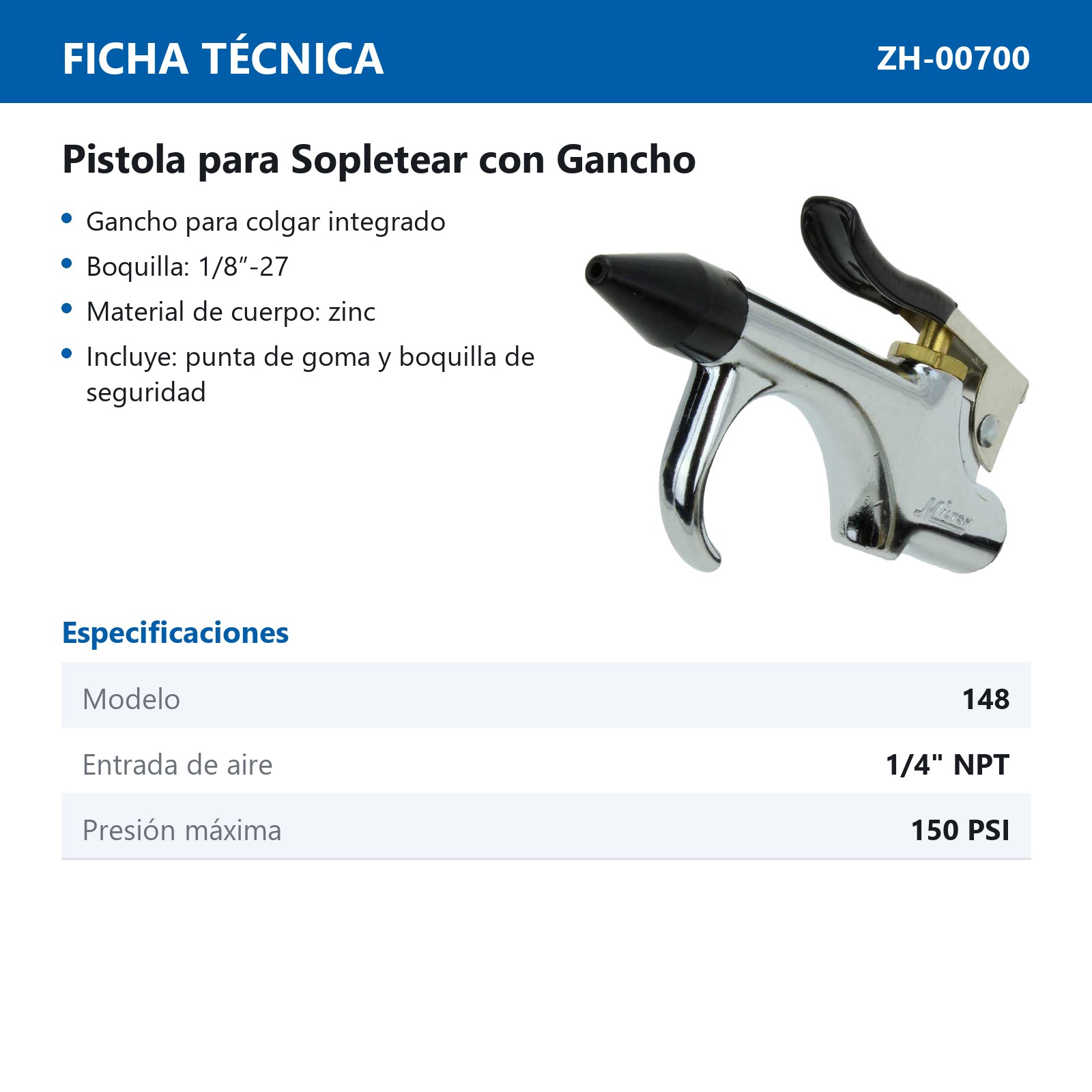 PISTOLA DE SOPLETEAR 1/4"NPT CON GANCHO  Y PUNTA DE GOMA  Mod  148BK - Imagen 3